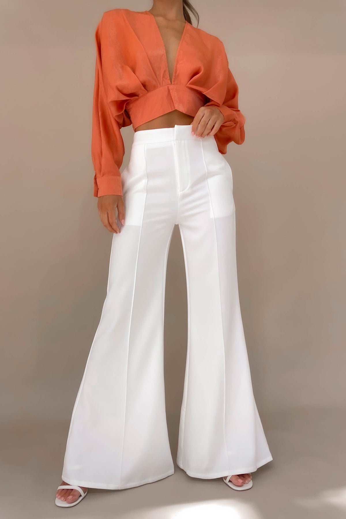 Blare Pants, BOTTOMS, HIGH WAISTED PANTS, NEW ARRIVALS, PANTS, POLYESTER, WHITE, WIDE LEG, , -MISHKAH