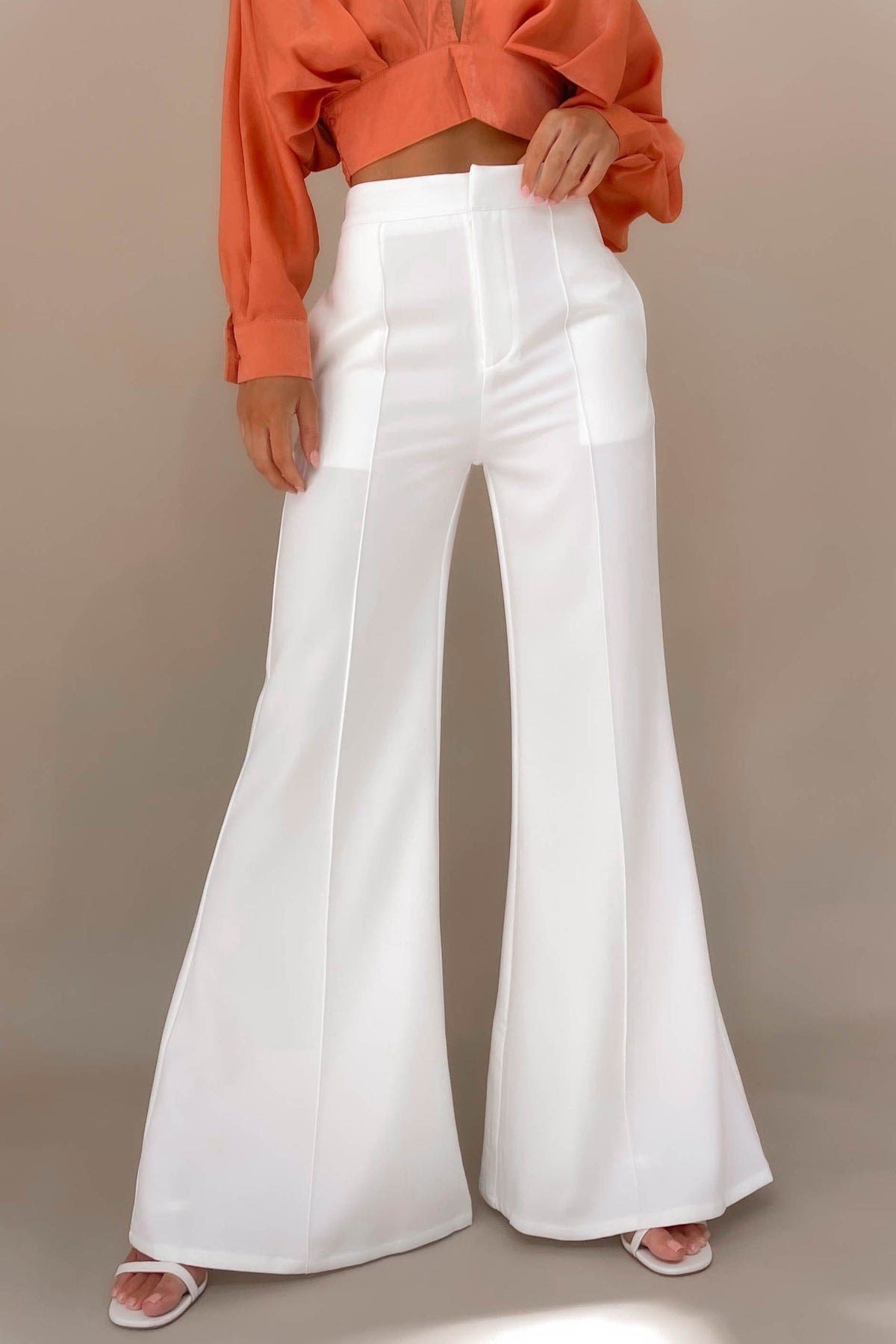 Blare Pants, BOTTOMS, HIGH WAISTED PANTS, NEW ARRIVALS, PANTS, POLYESTER, WHITE, WIDE LEG, , -MISHKAH