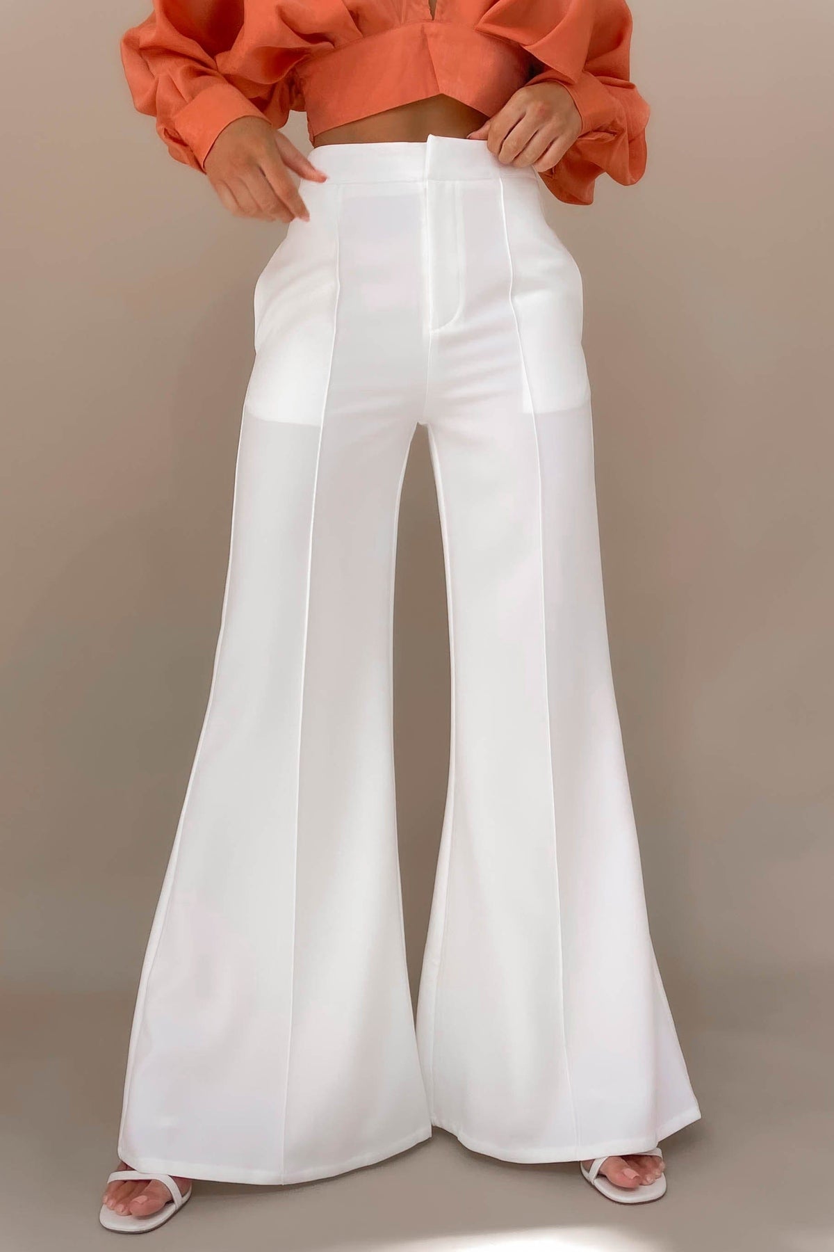 Blare Pants, BOTTOMS, HIGH WAISTED PANTS, NEW ARRIVALS, PANTS, POLYESTER, WHITE, WIDE LEG, , -MISHKAH