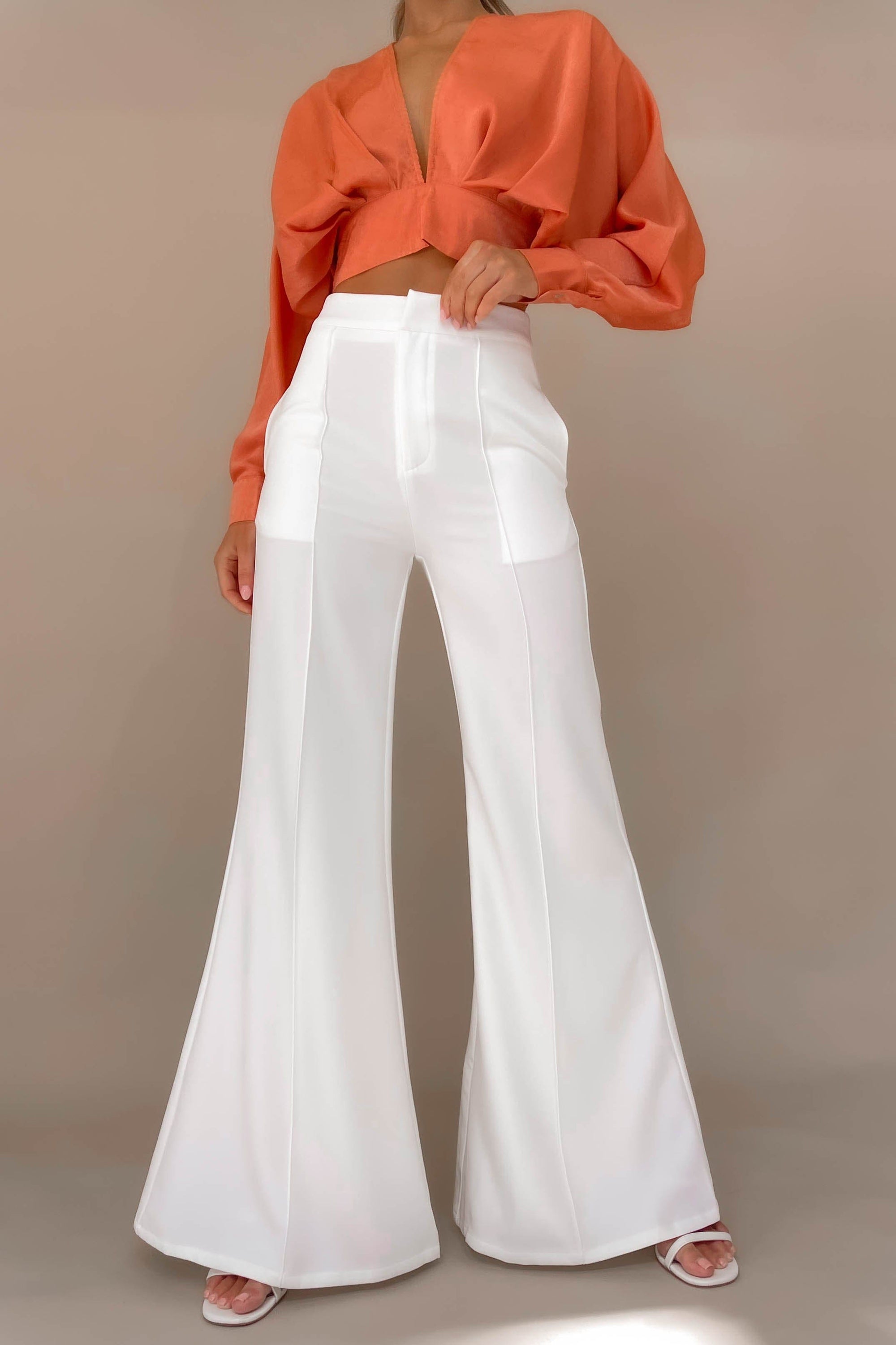 Blare Pants, BOTTOMS, HIGH WAISTED PANTS, NEW ARRIVALS, PANTS, POLYESTER, WHITE, WIDE LEG, , -MISHKAH