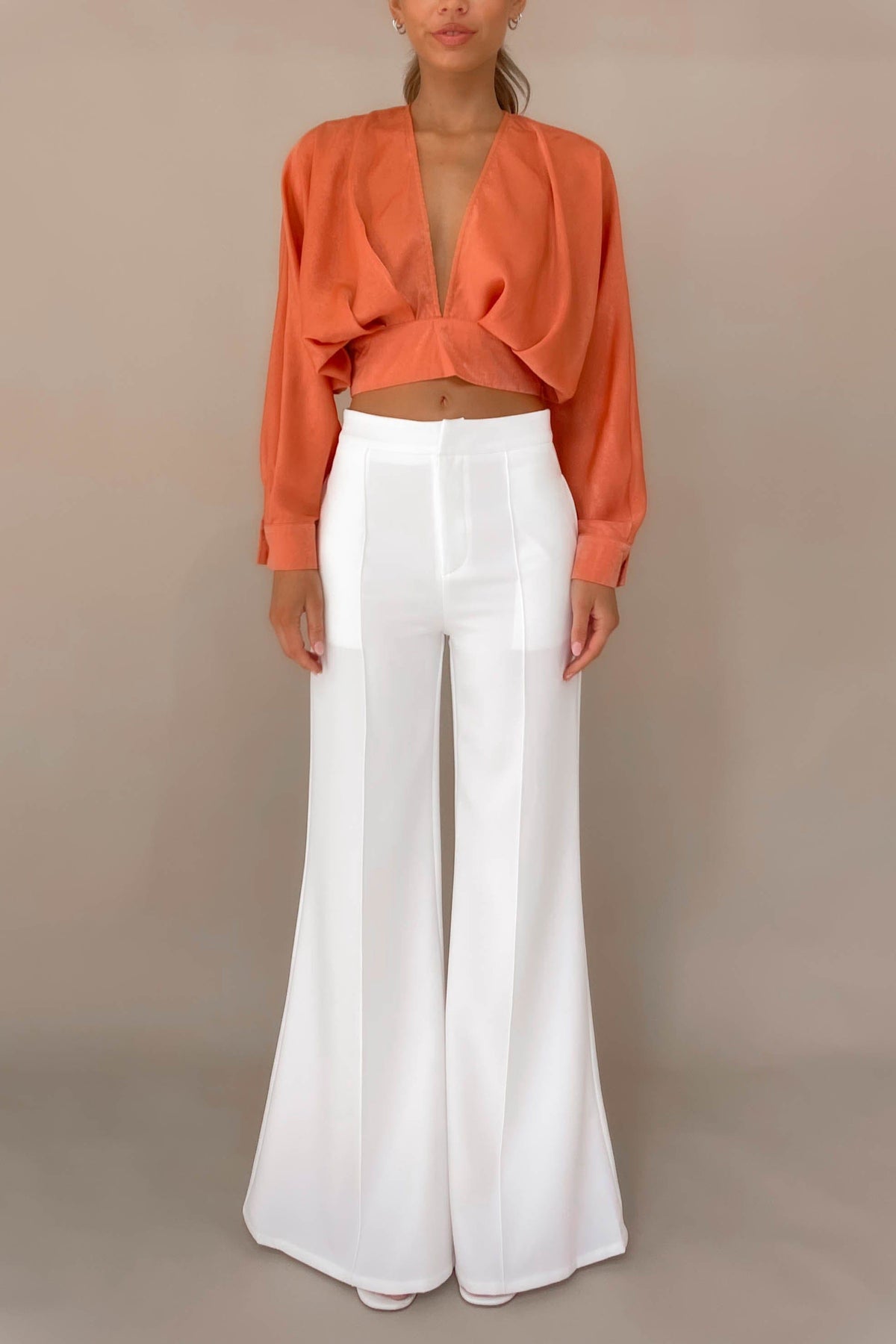 Blare Pants, BOTTOMS, HIGH WAISTED PANTS, NEW ARRIVALS, PANTS, POLYESTER, WHITE, WIDE LEG, , -MISHKAH