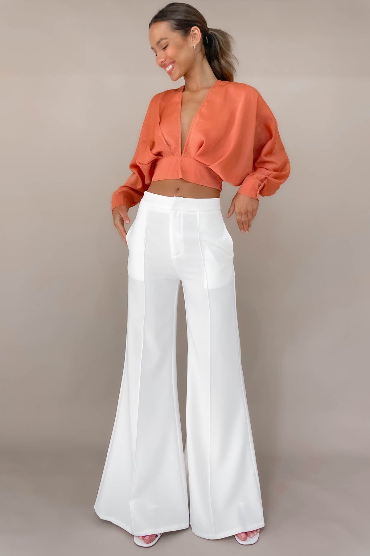 Blare Pants, BOTTOMS, HIGH WAISTED PANTS, NEW ARRIVALS, PANTS, POLYESTER, WHITE, WIDE LEG, , -MISHKAH