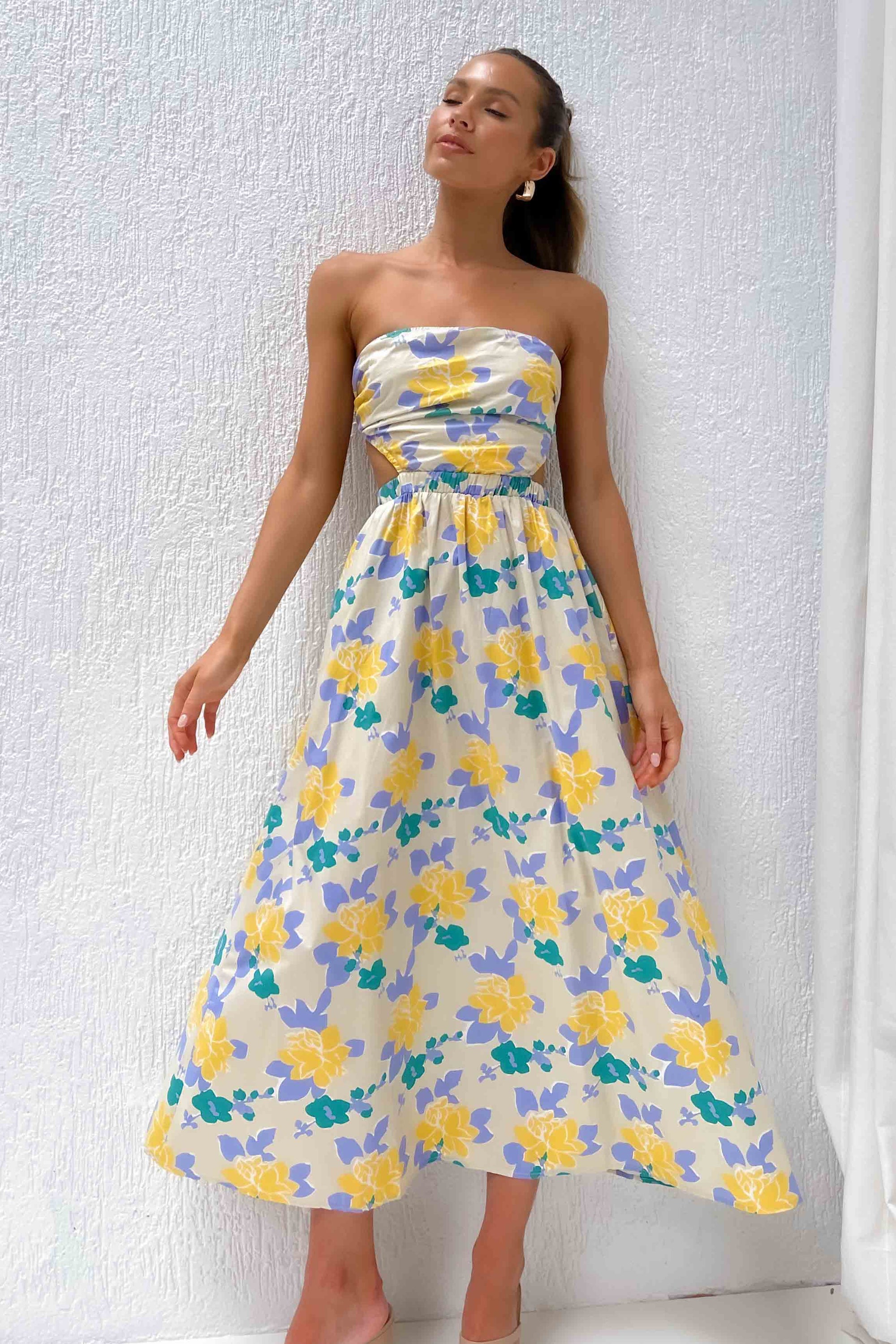 Briana Dress, BEIGE, COTTON, DRESS, DRESSES, FLORAL, FLORALS, MIDI DRESS, new arrivals, STRAPLESS, , -MISHKAH