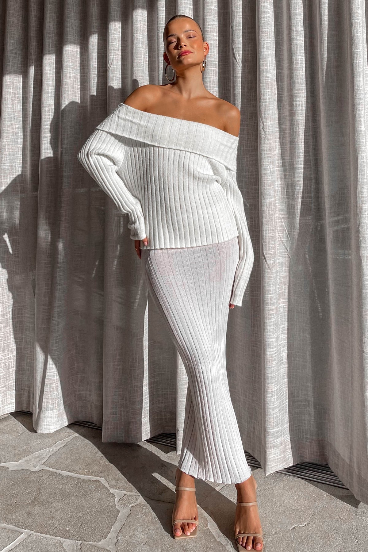 Celestrial Top, ACRYLIC &amp; NYLON &amp; POLYESTER, ACRYLIC AND NYLON AND POLYESTER, KNIT, KNITS, KNITTED, KNITWEAR, LONG SLEEVE, new arrivals, OFF SHOULDER, TOP, TOPS, WHITE, , -MISHKAH