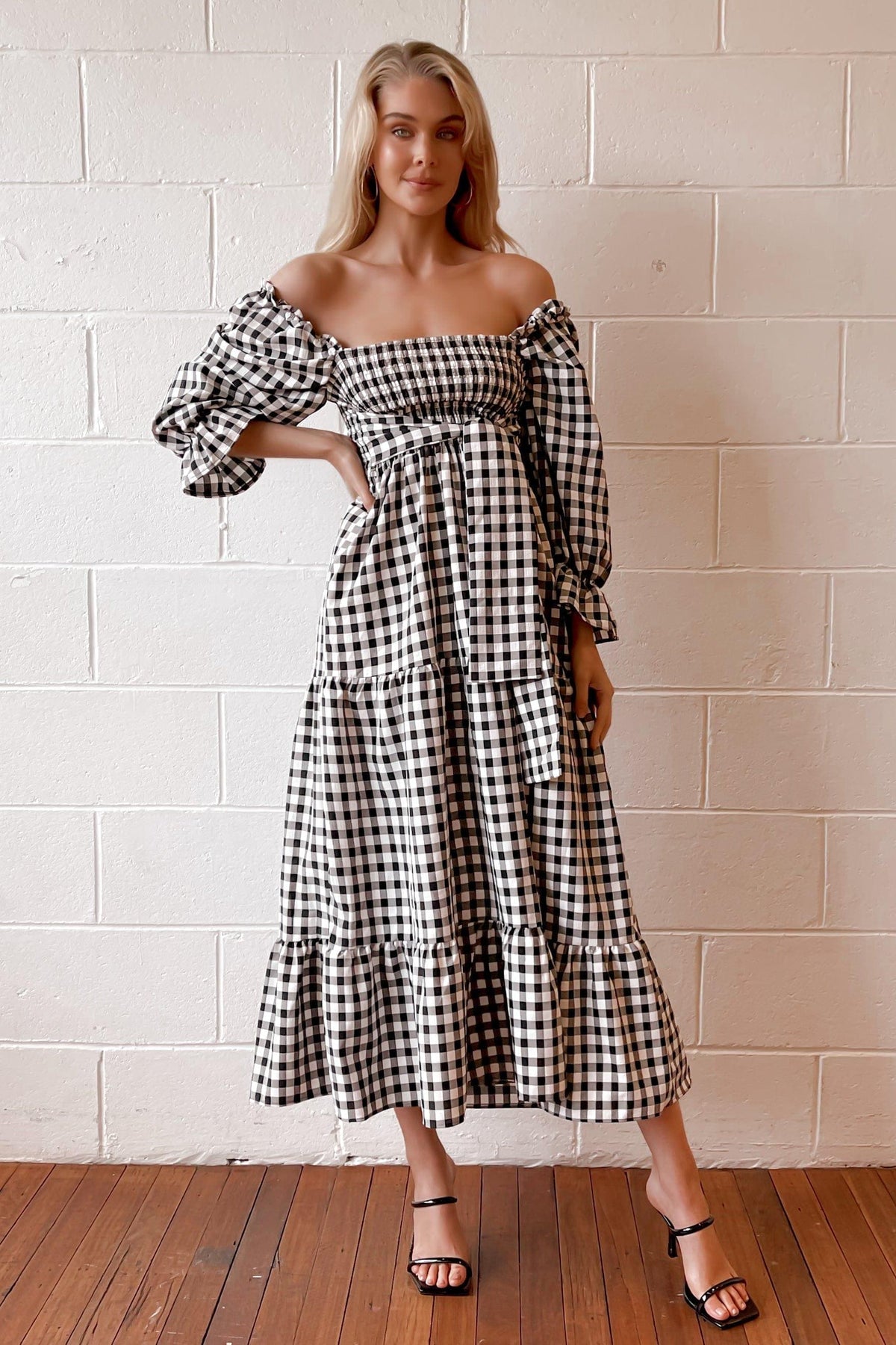 Cimberly Dress, BLACK, CHECKED, DRESS, DRESSES, ELASTANE, LONG SLEEVE, OFF SHOULDER, POLYESTER, PRINT, RUFFLE, SPO-DISABLED, VINTAGE, WAIST TIE, WHITE, Cimberly Dress only $71.00 @ MISHKAH ONLINE FASHION BOUTIQUE, Shop The Latest Women&#39;s Dresses - Our New Cimberly Dress is only $71.00, @ MISHKAH ONLINE FASHION BOUTIQUE-MISHKAH