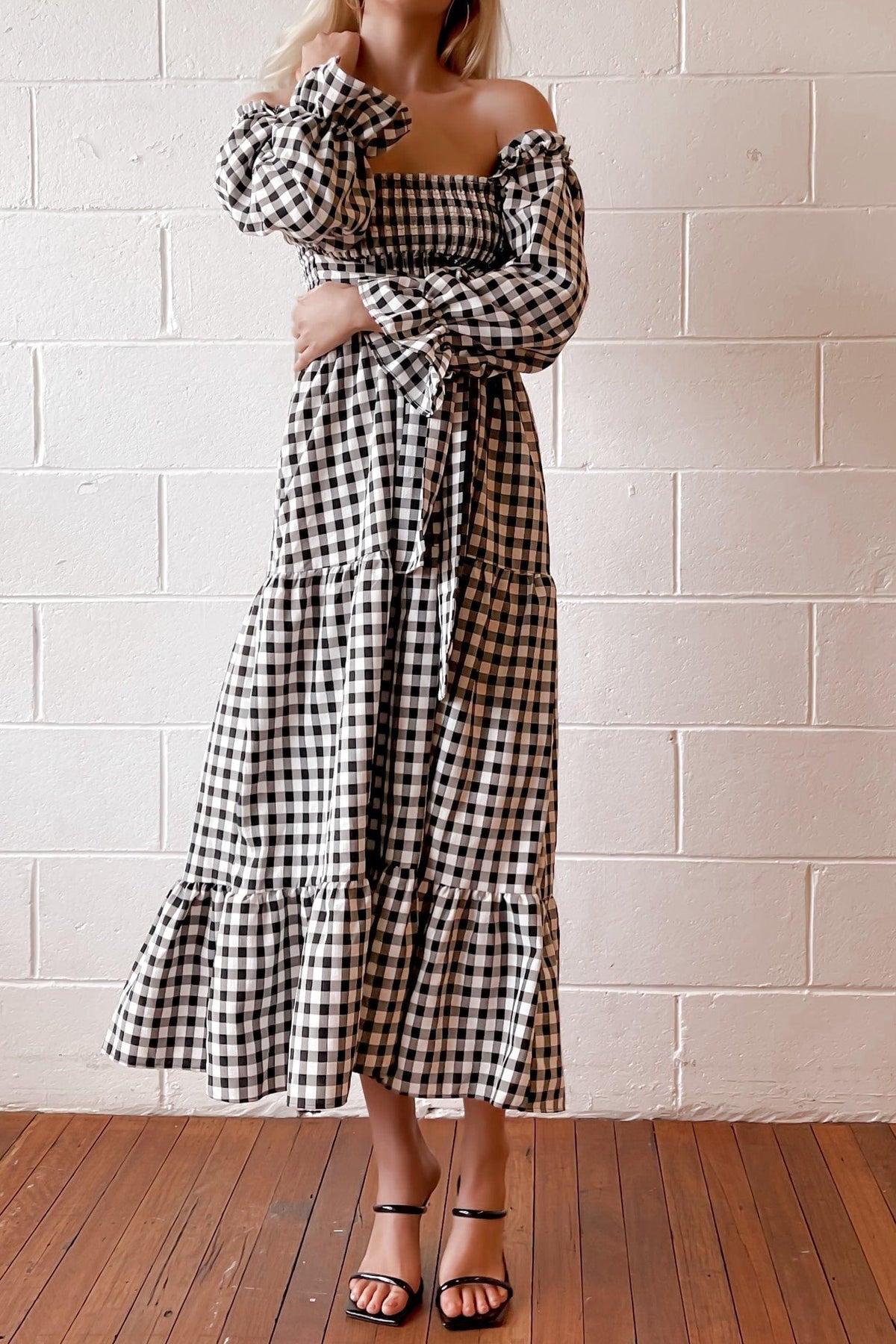 Cimberly Dress, BLACK, CHECKED, DRESS, DRESSES, ELASTANE, LONG SLEEVE, OFF SHOULDER, POLYESTER, PRINT, RUFFLE, SPO-DISABLED, VINTAGE, WAIST TIE, WHITE, Cimberly Dress only $71.00 @ MISHKAH ONLINE FASHION BOUTIQUE, Shop The Latest Women&#39;s Dresses - Our New Cimberly Dress is only $71.00, @ MISHKAH ONLINE FASHION BOUTIQUE-MISHKAH