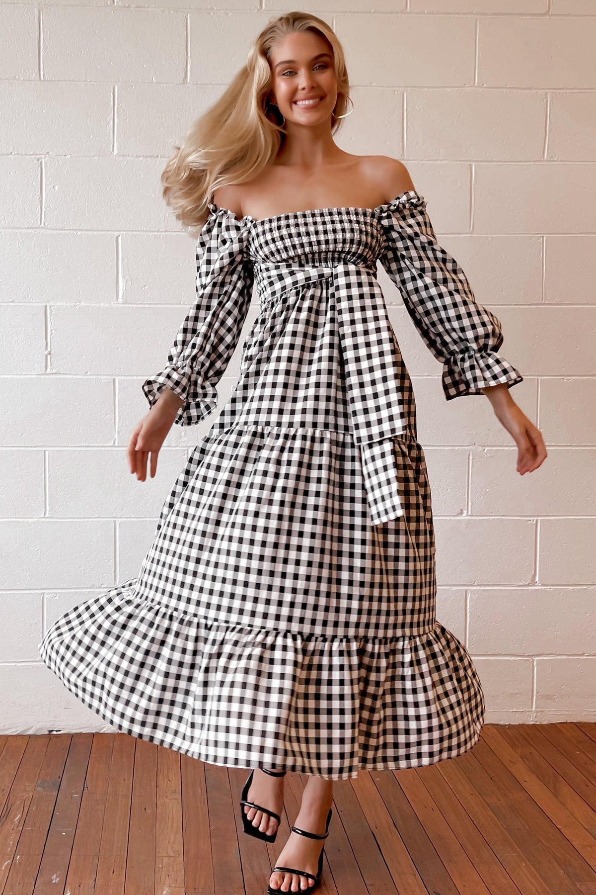 Cimberly Dress, BLACK, CHECKED, DRESS, DRESSES, ELASTANE, LONG SLEEVE, OFF SHOULDER, POLYESTER, PRINT, RUFFLE, SPO-DISABLED, VINTAGE, WAIST TIE, WHITE, Cimberly Dress only $71.00 @ MISHKAH ONLINE FASHION BOUTIQUE, Shop The Latest Women&#39;s Dresses - Our New Cimberly Dress is only $71.00, @ MISHKAH ONLINE FASHION BOUTIQUE-MISHKAH