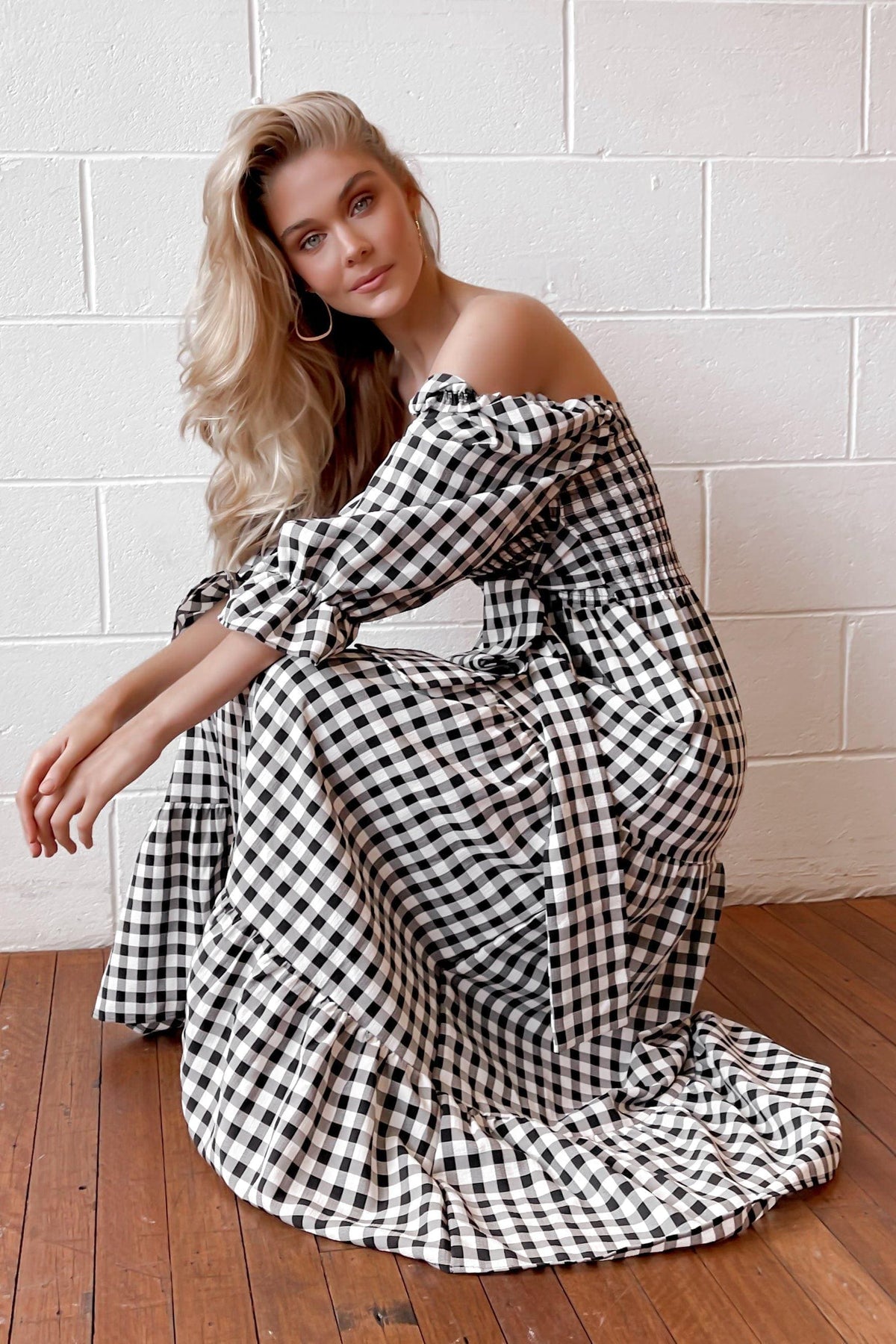 Cimberly Dress, BLACK, CHECKED, DRESS, DRESSES, ELASTANE, LONG SLEEVE, OFF SHOULDER, POLYESTER, PRINT, RUFFLE, SPO-DISABLED, VINTAGE, WAIST TIE, WHITE, Cimberly Dress only $71.00 @ MISHKAH ONLINE FASHION BOUTIQUE, Shop The Latest Women&#39;s Dresses - Our New Cimberly Dress is only $71.00, @ MISHKAH ONLINE FASHION BOUTIQUE-MISHKAH