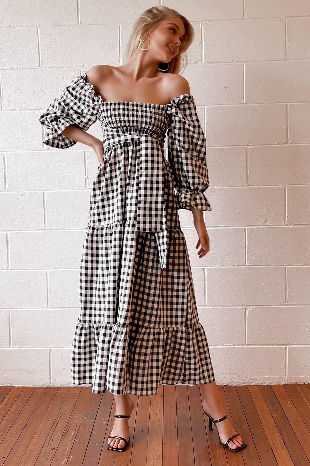 Cimberly Dress, BLACK, CHECKED, DRESS, DRESSES, ELASTANE, LONG SLEEVE, OFF SHOULDER, POLYESTER, PRINT, RUFFLE, SPO-DISABLED, VINTAGE, WAIST TIE, WHITE, Cimberly Dress only $71.00 @ MISHKAH ONLINE FASHION BOUTIQUE, Shop The Latest Women&#39;s Dresses - Our New Cimberly Dress is only $71.00, @ MISHKAH ONLINE FASHION BOUTIQUE-MISHKAH