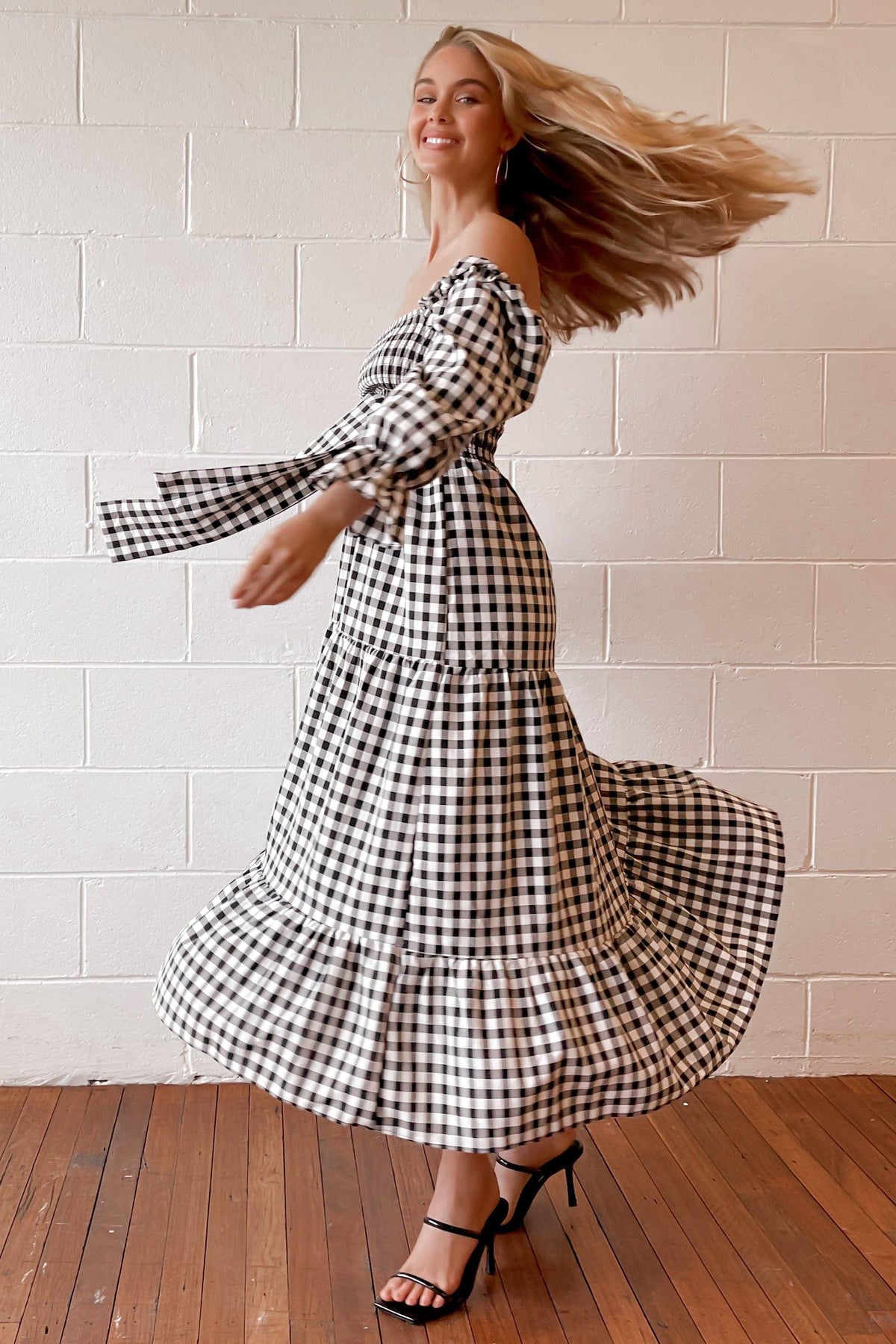 Cimberly Dress, BLACK, CHECKED, DRESS, DRESSES, ELASTANE, LONG SLEEVE, OFF SHOULDER, POLYESTER, PRINT, RUFFLE, SPO-DISABLED, VINTAGE, WAIST TIE, WHITE, Cimberly Dress only $71.00 @ MISHKAH ONLINE FASHION BOUTIQUE, Shop The Latest Women&#39;s Dresses - Our New Cimberly Dress is only $71.00, @ MISHKAH ONLINE FASHION BOUTIQUE-MISHKAH