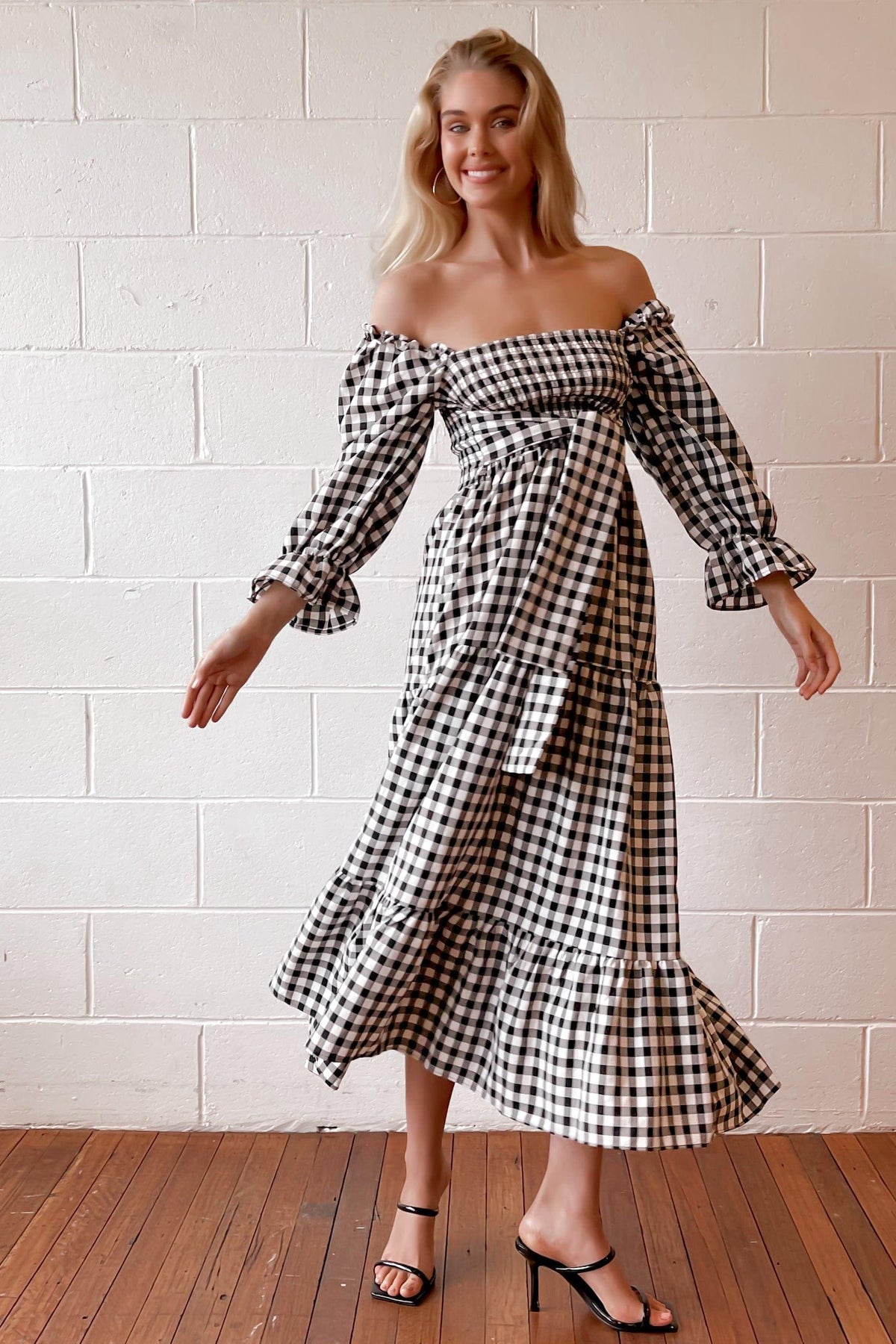 Cimberly Dress, BLACK, CHECKED, DRESS, DRESSES, ELASTANE, LONG SLEEVE, OFF SHOULDER, POLYESTER, PRINT, RUFFLE, SPO-DISABLED, VINTAGE, WAIST TIE, WHITE, Cimberly Dress only $71.00 @ MISHKAH ONLINE FASHION BOUTIQUE, Shop The Latest Women&#39;s Dresses - Our New Cimberly Dress is only $71.00, @ MISHKAH ONLINE FASHION BOUTIQUE-MISHKAH