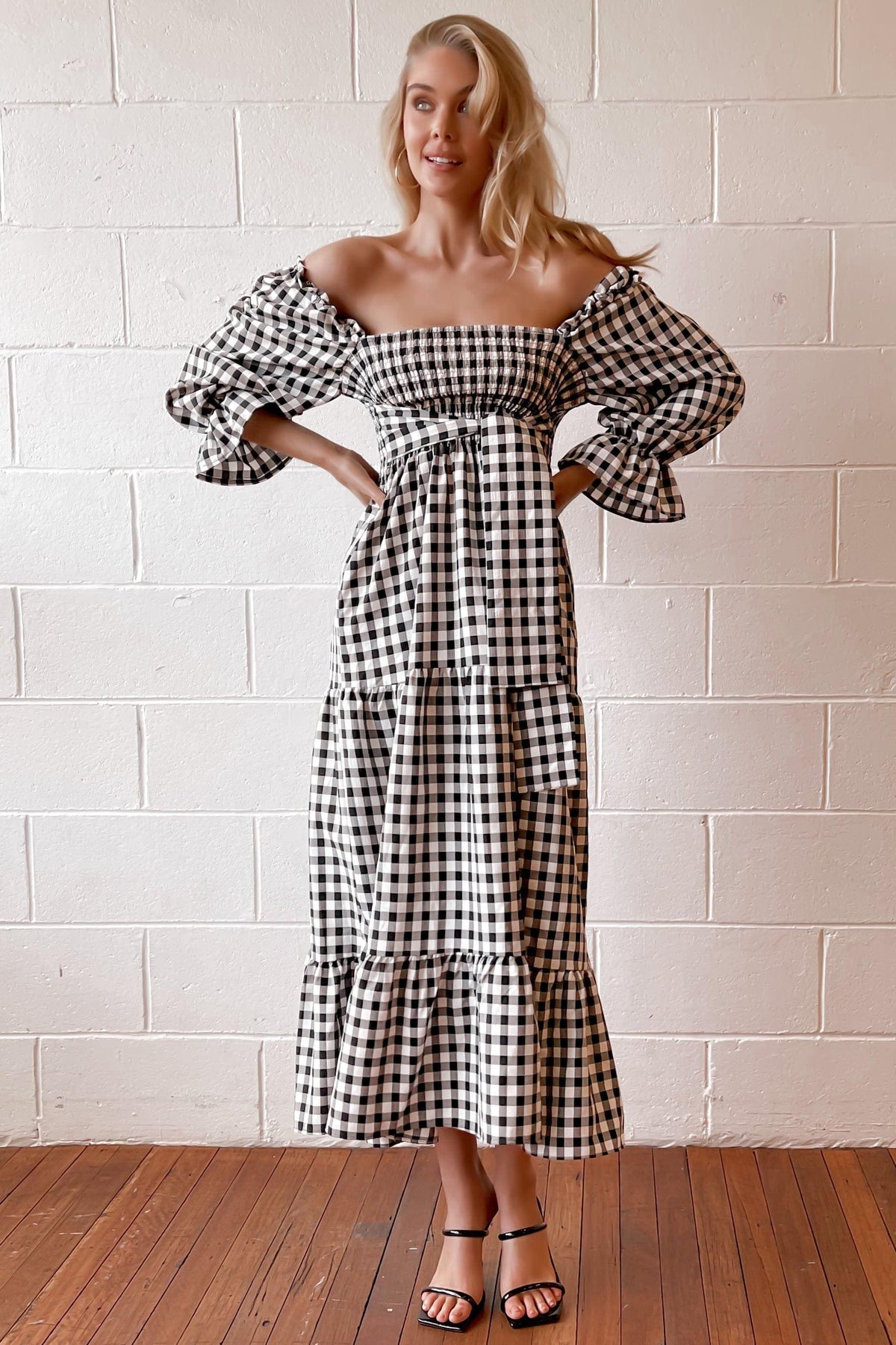 Cimberly Dress, BLACK, CHECKED, DRESS, DRESSES, ELASTANE, LONG SLEEVE, OFF SHOULDER, POLYESTER, PRINT, RUFFLE, SPO-DISABLED, VINTAGE, WAIST TIE, WHITE, Cimberly Dress only $71.00 @ MISHKAH ONLINE FASHION BOUTIQUE, Shop The Latest Women&#39;s Dresses - Our New Cimberly Dress is only $71.00, @ MISHKAH ONLINE FASHION BOUTIQUE-MISHKAH