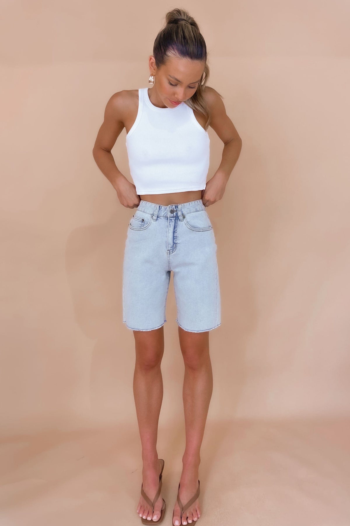 Charlisse Shorts, BLUE, BOTTOMS, COTTON &amp; POLYESTER, COTTON AND POLYESTER, DENIM, HIGH WAISTED, HIGH WAISTED SHORTS, new arrivals, POLYESTER AND COTTON, SHORTS, , -MISHKAH