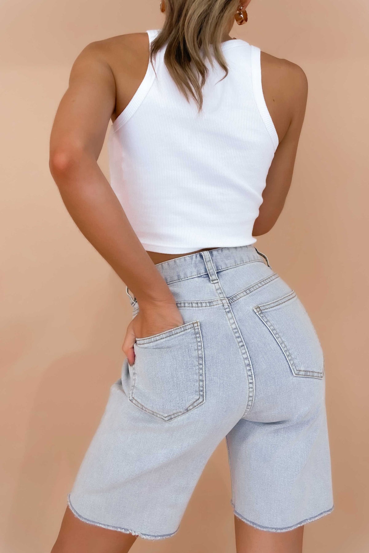 Charlisse Shorts, BLUE, BOTTOMS, COTTON &amp; POLYESTER, COTTON AND POLYESTER, DENIM, HIGH WAISTED, HIGH WAISTED SHORTS, new arrivals, POLYESTER AND COTTON, SHORTS, , -MISHKAH