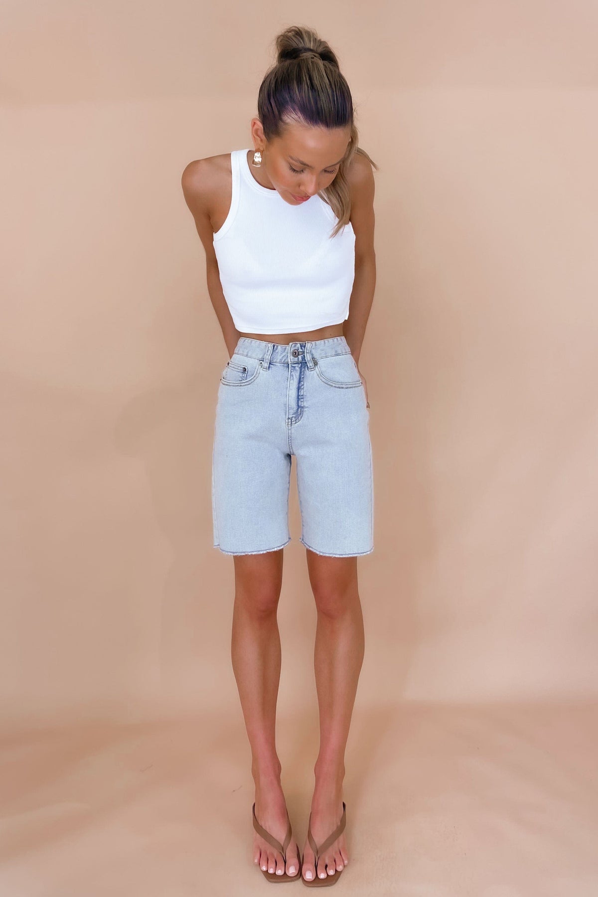 Charlisse Shorts, BLUE, BOTTOMS, COTTON &amp; POLYESTER, COTTON AND POLYESTER, DENIM, HIGH WAISTED, HIGH WAISTED SHORTS, new arrivals, POLYESTER AND COTTON, SHORTS, , -MISHKAH