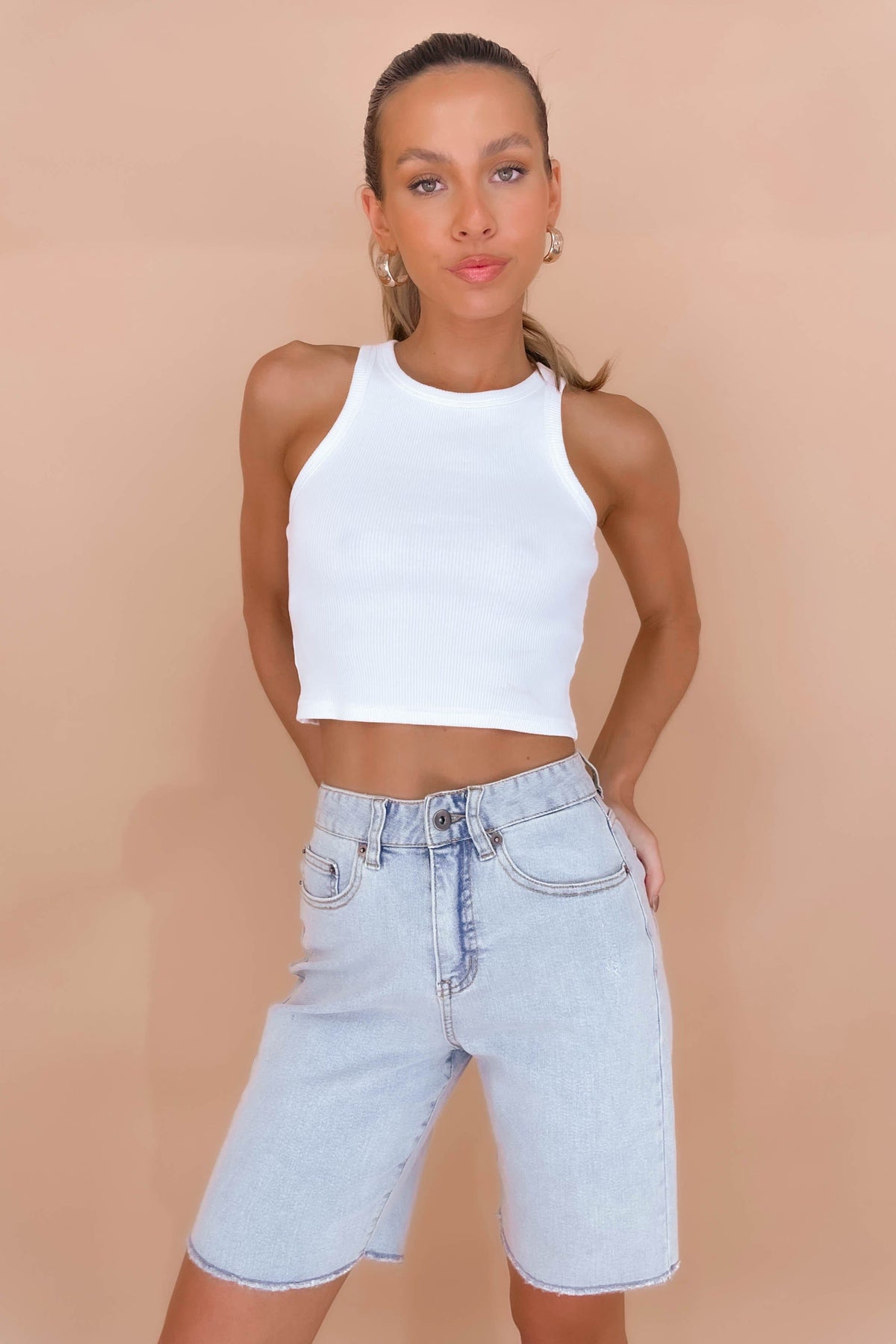 Charlisse Shorts, BLUE, BOTTOMS, COTTON &amp; POLYESTER, COTTON AND POLYESTER, DENIM, HIGH WAISTED, HIGH WAISTED SHORTS, new arrivals, POLYESTER AND COTTON, SHORTS, , -MISHKAH