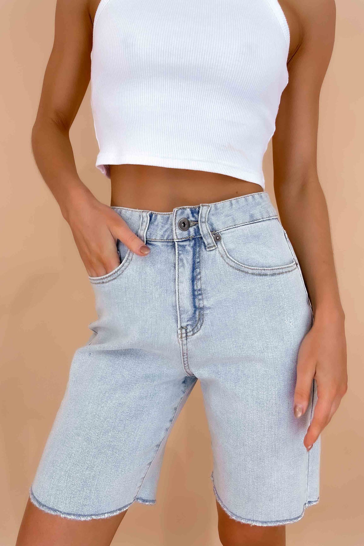 Charlisse Shorts, BLUE, BOTTOMS, COTTON &amp; POLYESTER, COTTON AND POLYESTER, DENIM, HIGH WAISTED, HIGH WAISTED SHORTS, new arrivals, POLYESTER AND COTTON, SHORTS, , -MISHKAH