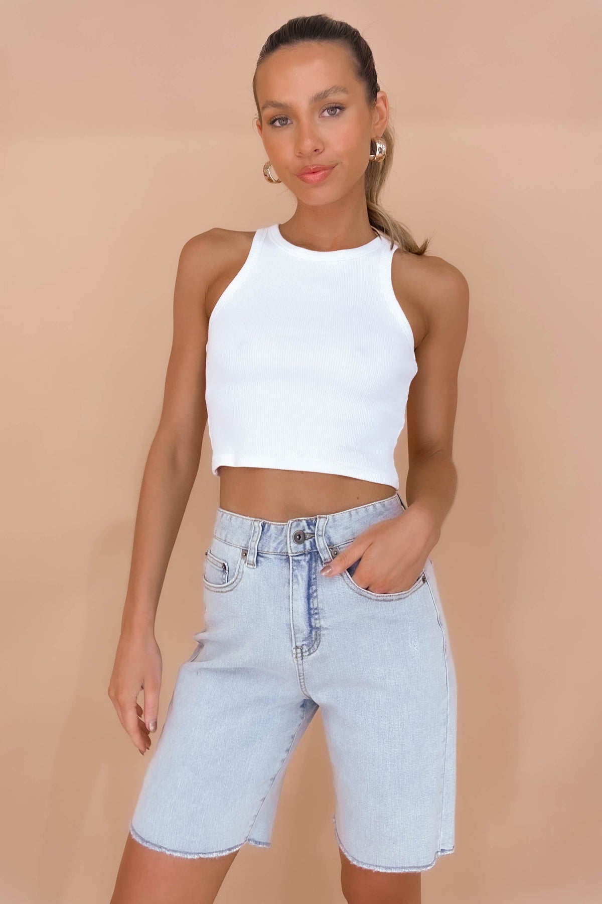 Charlisse Shorts, BLUE, BOTTOMS, COTTON &amp; POLYESTER, COTTON AND POLYESTER, DENIM, HIGH WAISTED, HIGH WAISTED SHORTS, new arrivals, POLYESTER AND COTTON, SHORTS, , -MISHKAH