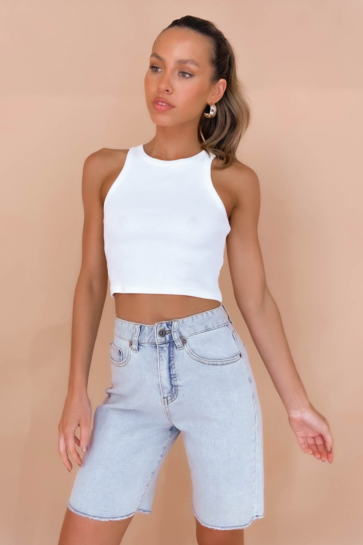 Charlisse Shorts, BLUE, BOTTOMS, COTTON &amp; POLYESTER, COTTON AND POLYESTER, DENIM, HIGH WAISTED, HIGH WAISTED SHORTS, new arrivals, POLYESTER AND COTTON, SHORTS, , -MISHKAH