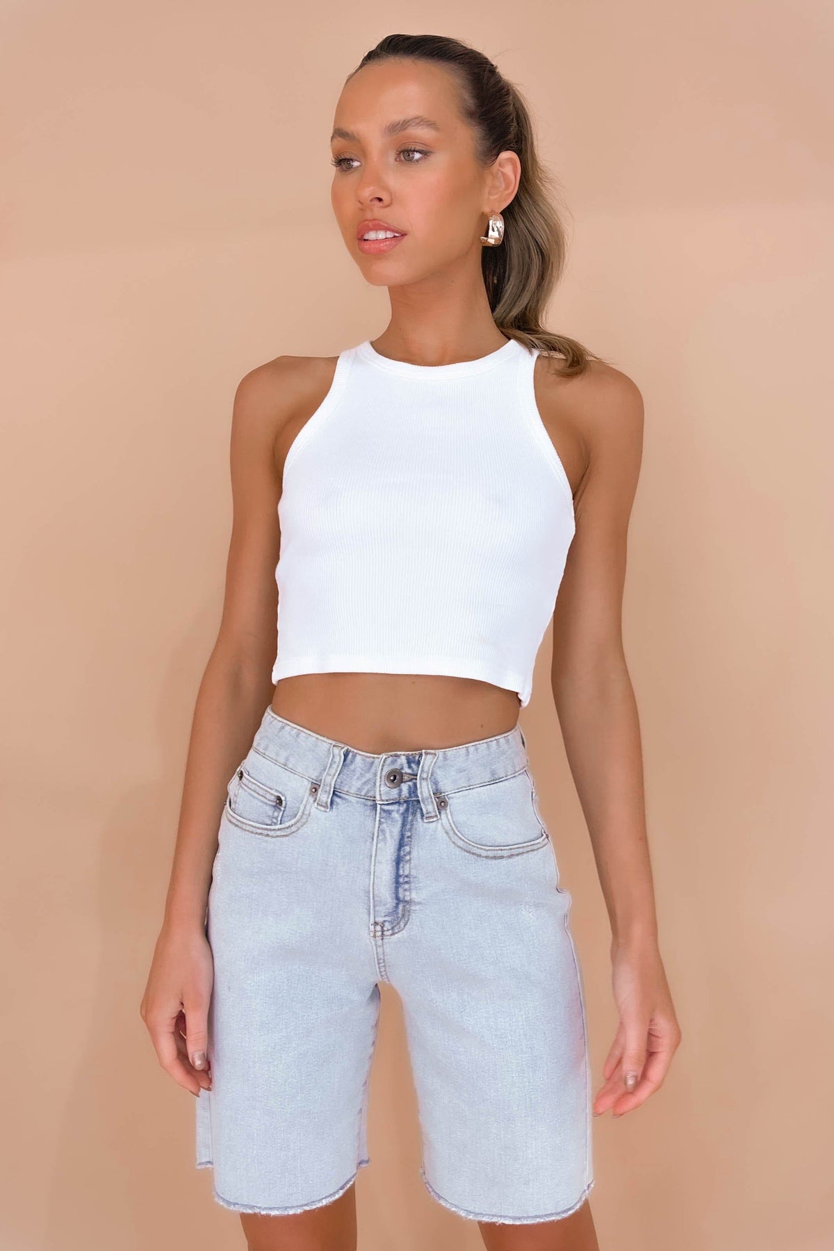 Charlisse Shorts, BLUE, BOTTOMS, COTTON &amp; POLYESTER, COTTON AND POLYESTER, DENIM, HIGH WAISTED, HIGH WAISTED SHORTS, new arrivals, POLYESTER AND COTTON, SHORTS, , -MISHKAH