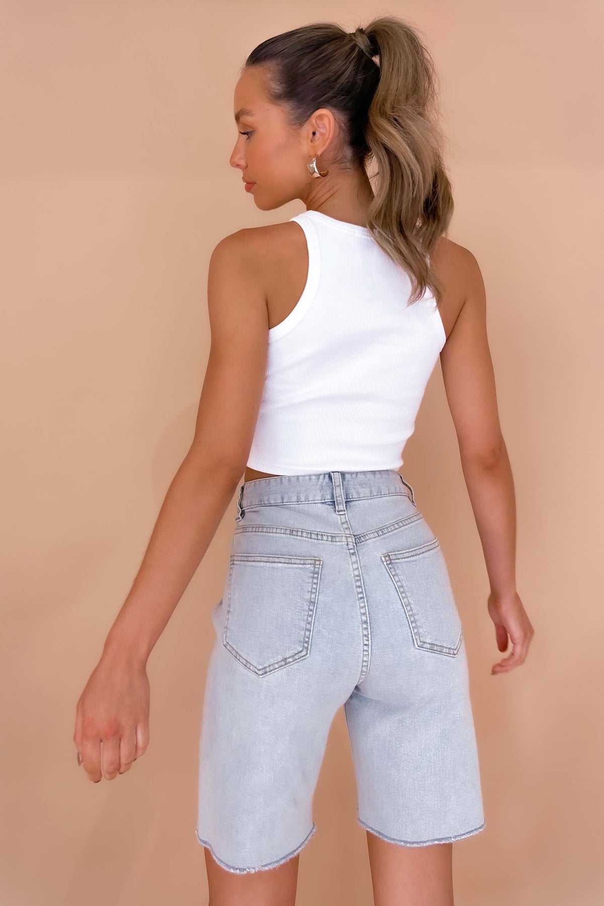 Charlisse Shorts, BLUE, BOTTOMS, COTTON &amp; POLYESTER, COTTON AND POLYESTER, DENIM, HIGH WAISTED, HIGH WAISTED SHORTS, new arrivals, POLYESTER AND COTTON, SHORTS, , -MISHKAH