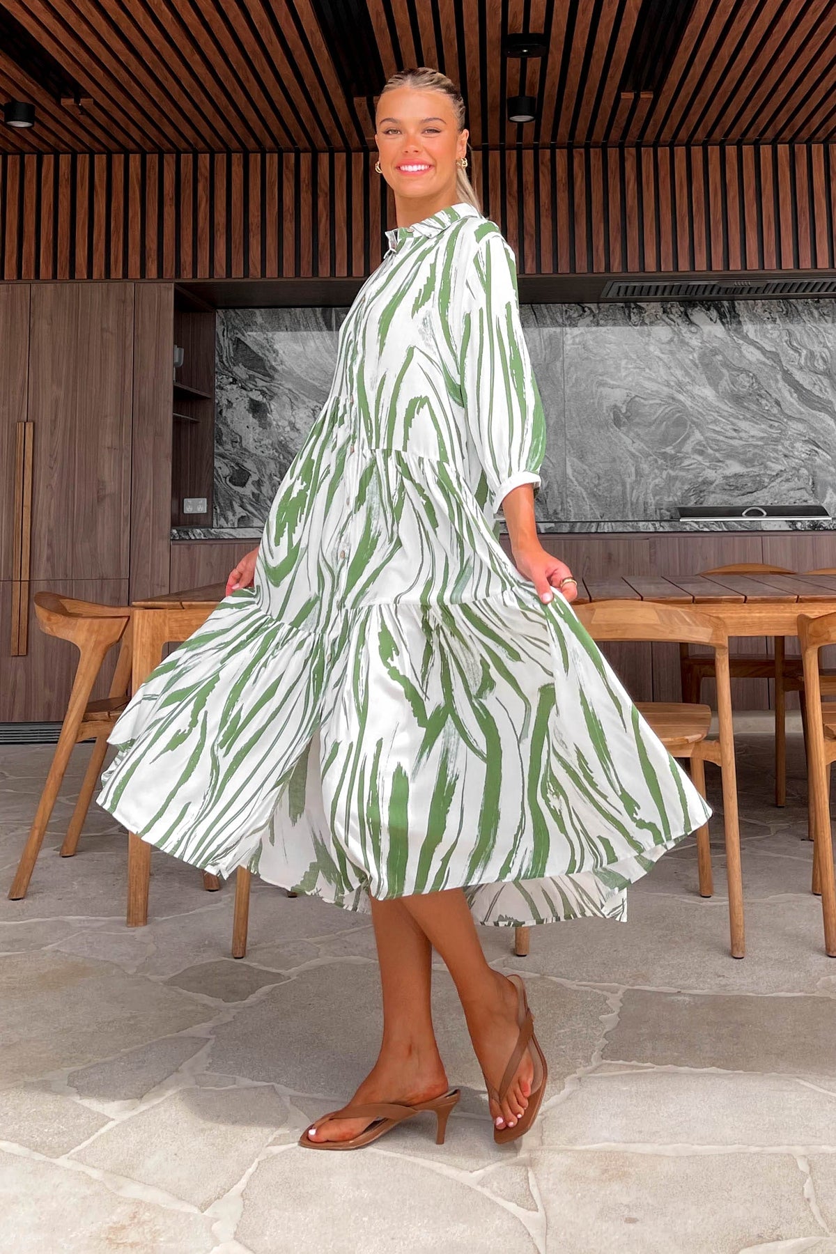 Cyah Dress, DRESS, DRESSES, GREEN, LONG SLEEVE, MIDI DRESS, new arrivals, RAYON, , -MISHKAH