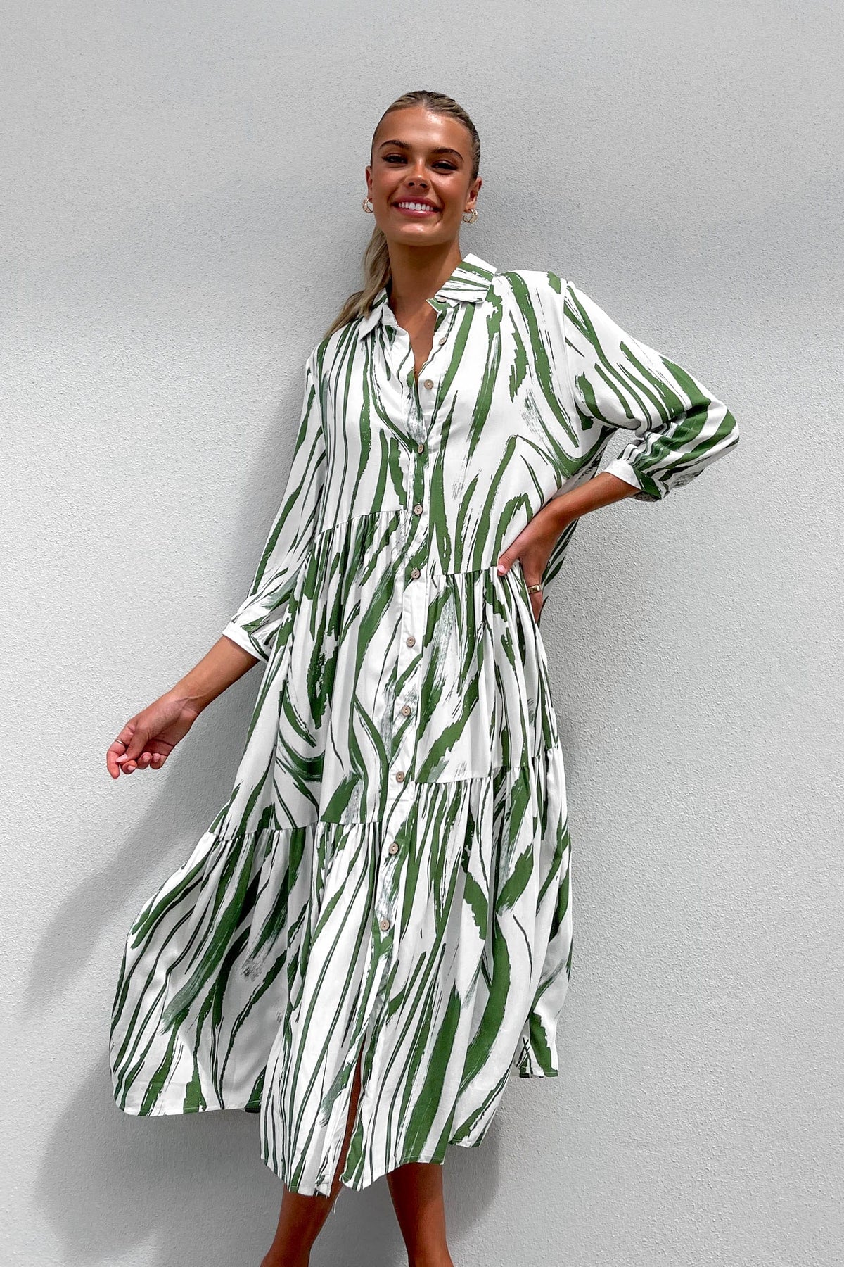 Cyah Dress, DRESS, DRESSES, GREEN, LONG SLEEVE, MIDI DRESS, new arrivals, RAYON, , -MISHKAH