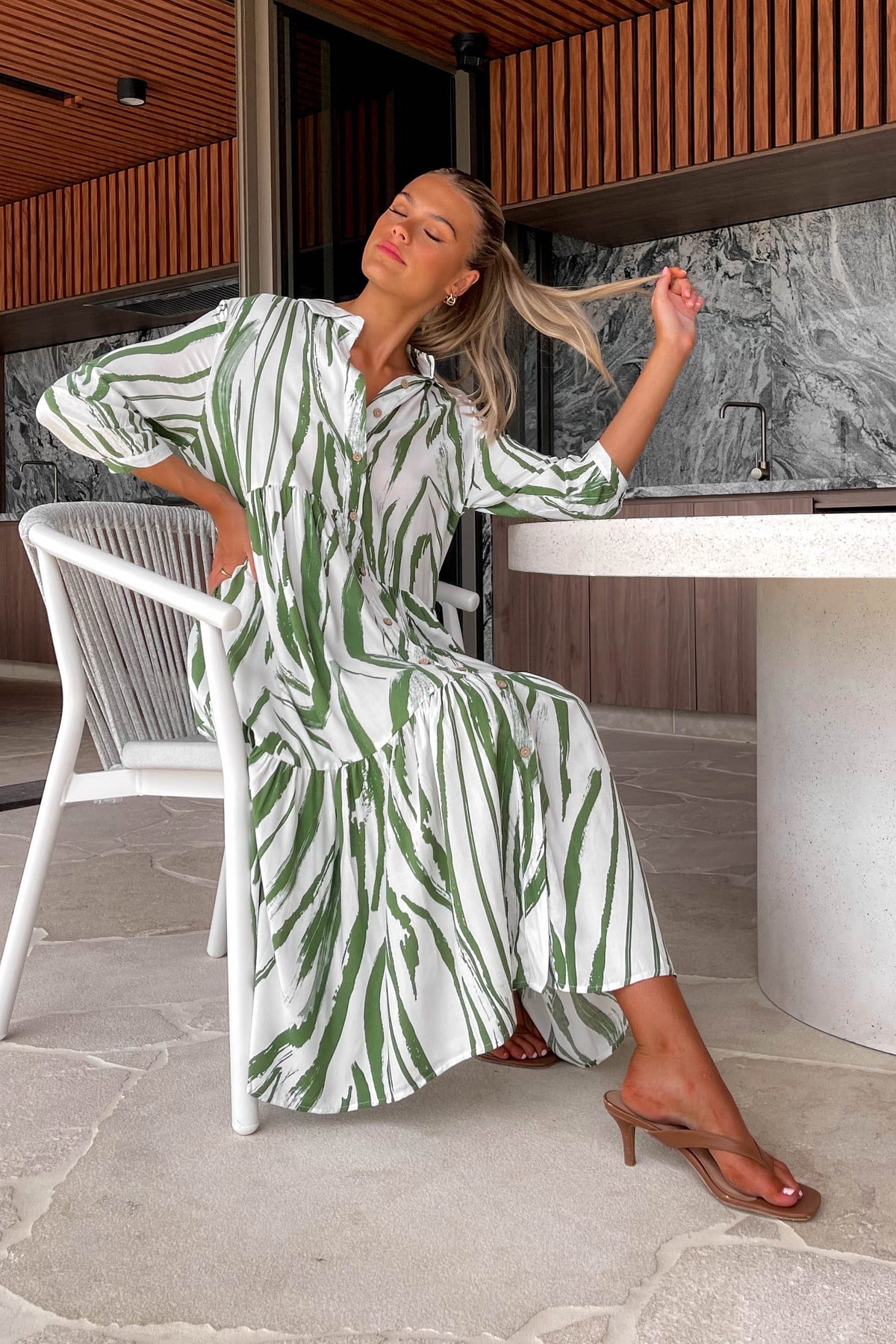 Cyah Dress, DRESS, DRESSES, GREEN, LONG SLEEVE, MIDI DRESS, new arrivals, RAYON, , -MISHKAH