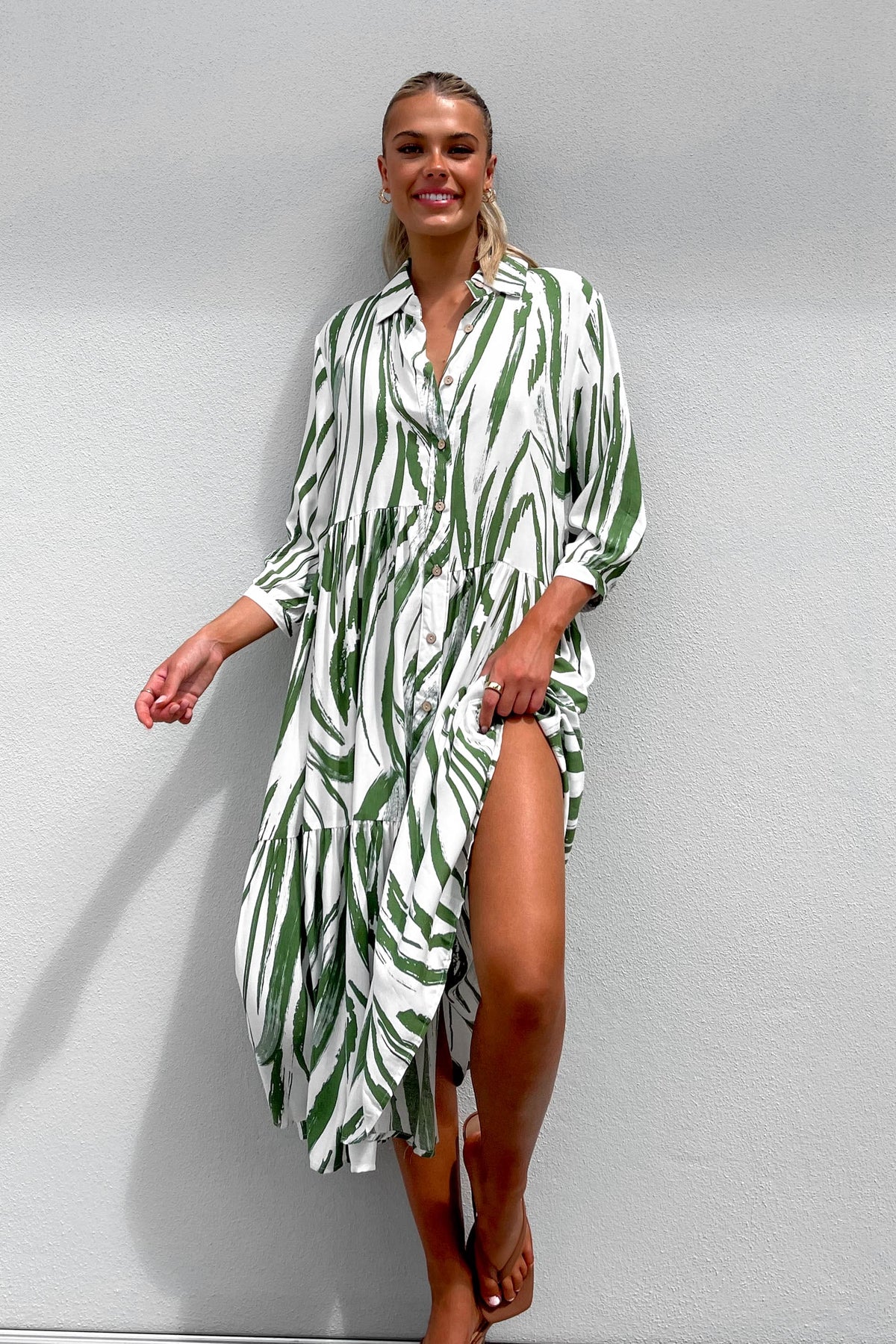 Cyah Dress, DRESS, DRESSES, GREEN, LONG SLEEVE, MIDI DRESS, new arrivals, RAYON, , -MISHKAH