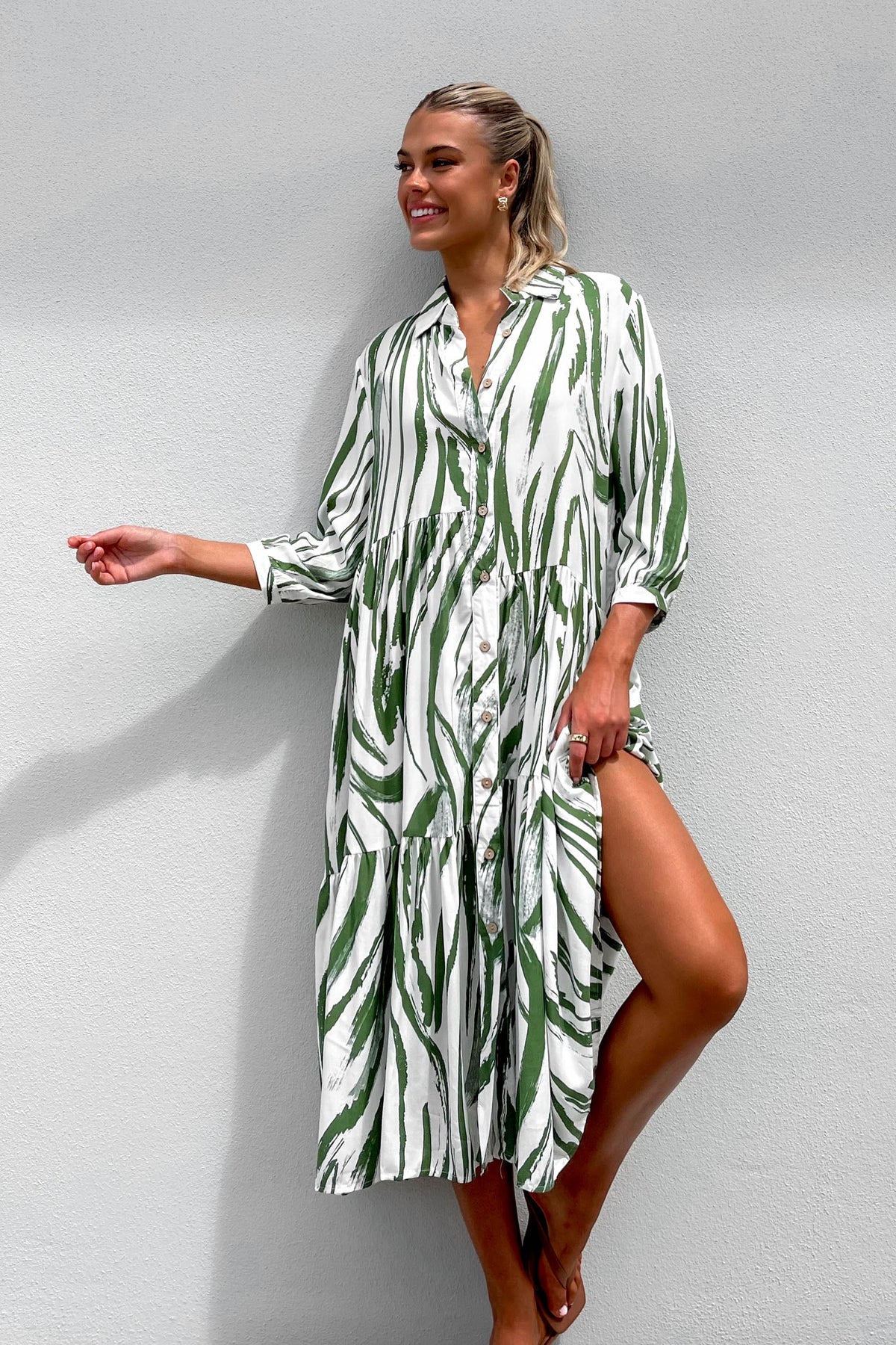 Cyah Dress, DRESS, DRESSES, GREEN, LONG SLEEVE, MIDI DRESS, new arrivals, RAYON, , -MISHKAH