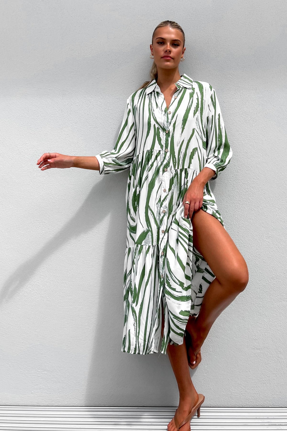 Cyah Dress, DRESS, DRESSES, GREEN, LONG SLEEVE, MIDI DRESS, new arrivals, RAYON, , -MISHKAH