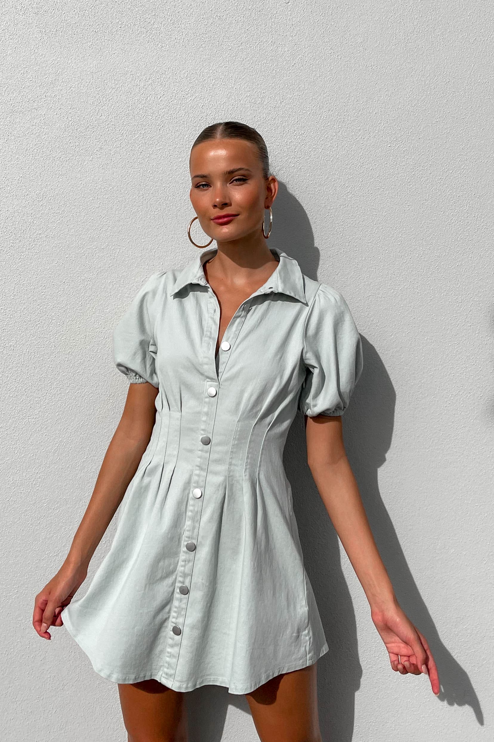 Cyria Dress, BALLOON SLEEVE, COTTON & POLYESTER, COTTON AND POLYESTER, DRESS, DRESSES, GREEN, MINI DRESS, POLYESTER AND COTTON, , -MISHKAH