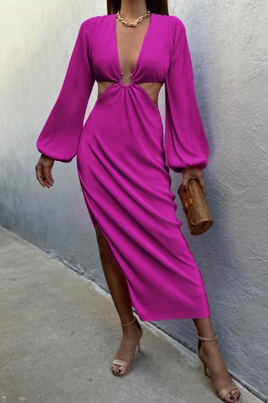 Dani Dress, BALLOON SLEEVE, CUT OUT, DRESS, DRESSES, LONG SLEEVE, MIDI DRESS, new arrivals, PINK, POLYESTER, SIDE SPLIT, , -MISHKAH