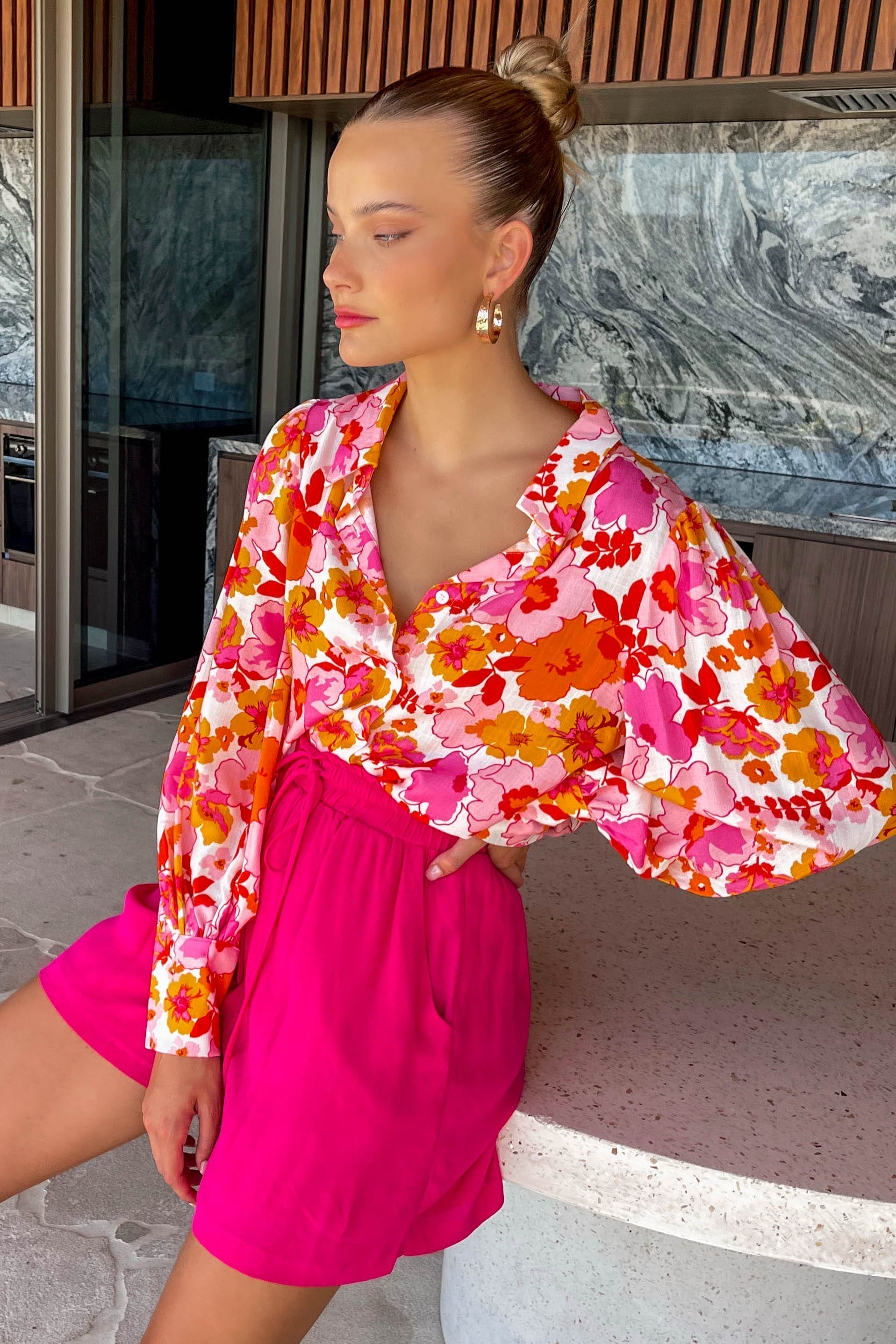 Danie Top, BALLOON SLEEVE, BUTTON UP, FLORAL, LONG SLEEVE, new arrivals, PINK, RAYON, TOP, TOPS, , -MISHKAH
