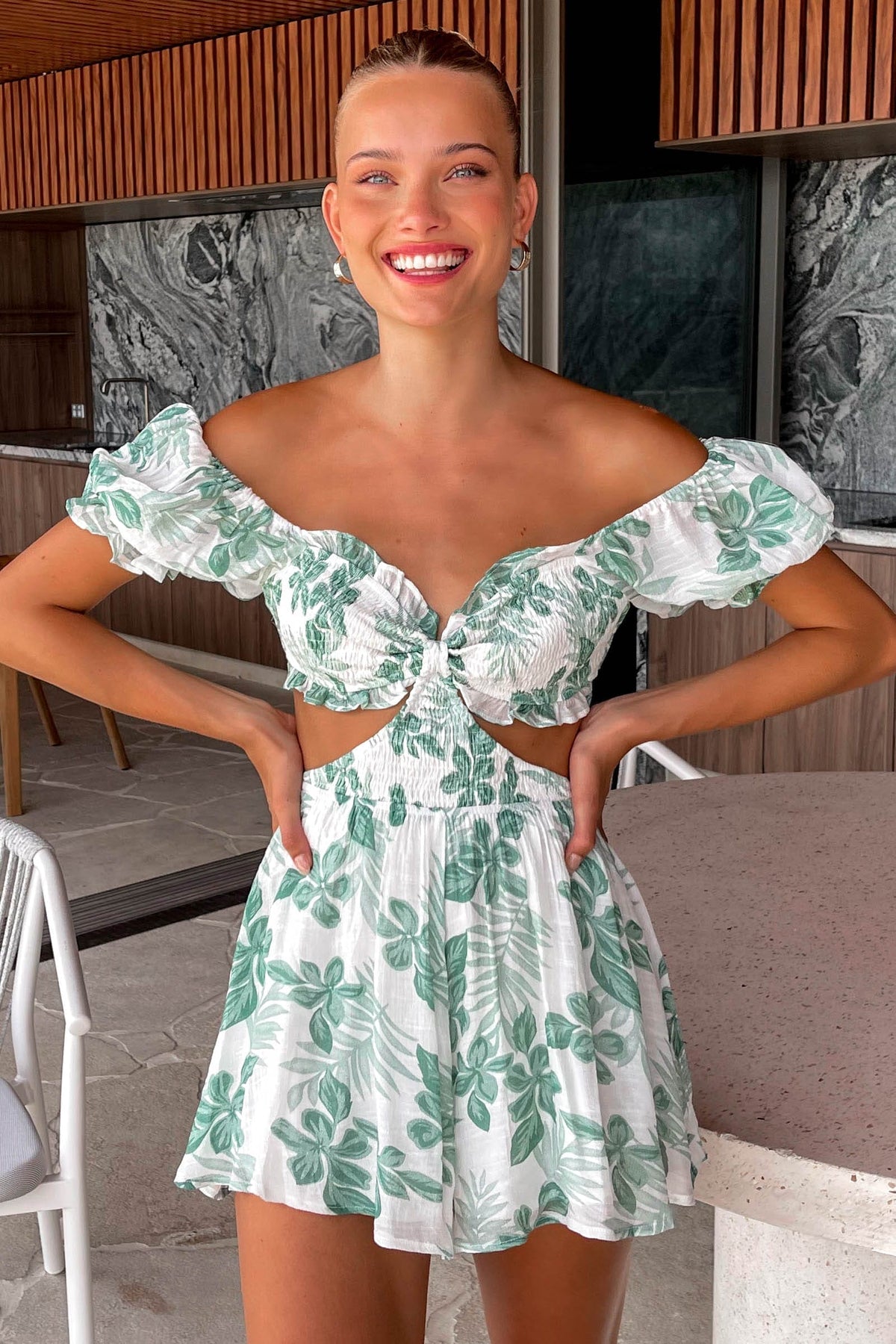 Darcie Playsuit, COTTON &amp; POLYESTER, COTTON AND POLYESTER, FLORAL, FLORALS, GREEN, new arrivals, PLAYSUIT, PLAYSUITS, POLYESTER AND COTTON, , -MISHKAH