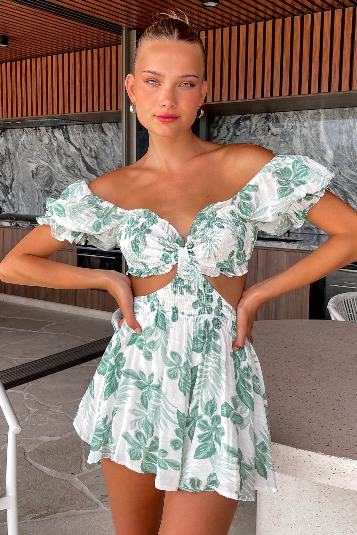 Darcie Playsuit, COTTON &amp; POLYESTER, COTTON AND POLYESTER, FLORAL, FLORALS, GREEN, new arrivals, PLAYSUIT, PLAYSUITS, POLYESTER AND COTTON, , -MISHKAH