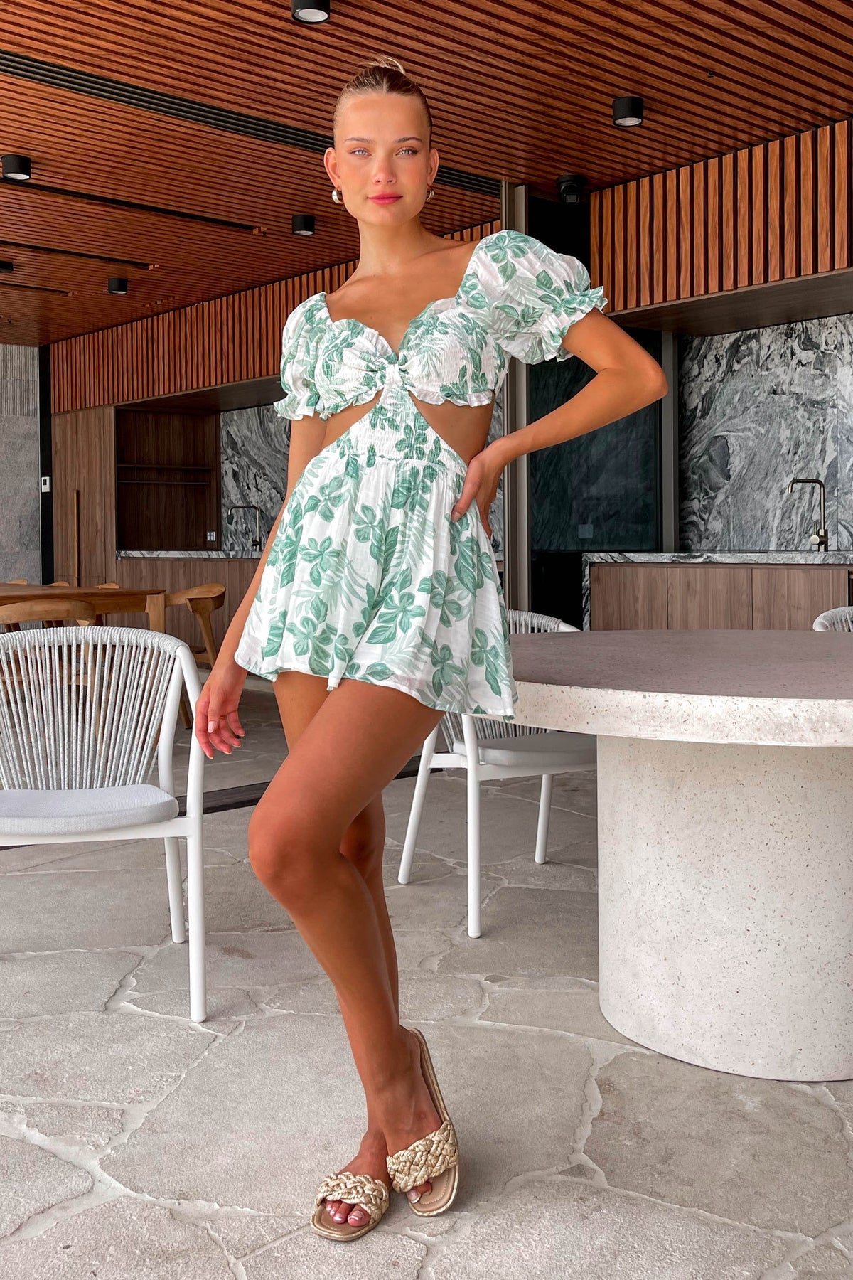 Darcie Playsuit, COTTON &amp; POLYESTER, COTTON AND POLYESTER, FLORAL, FLORALS, GREEN, new arrivals, PLAYSUIT, PLAYSUITS, POLYESTER AND COTTON, , -MISHKAH