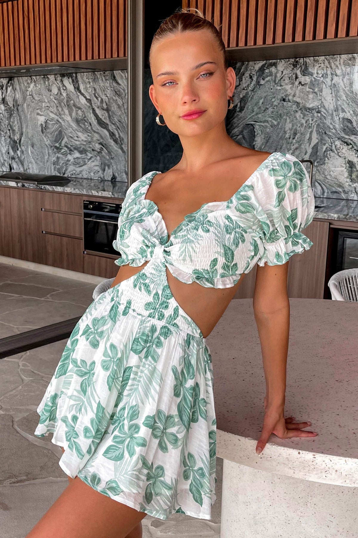 Darcie Playsuit, COTTON &amp; POLYESTER, COTTON AND POLYESTER, FLORAL, FLORALS, GREEN, new arrivals, PLAYSUIT, PLAYSUITS, POLYESTER AND COTTON, , -MISHKAH