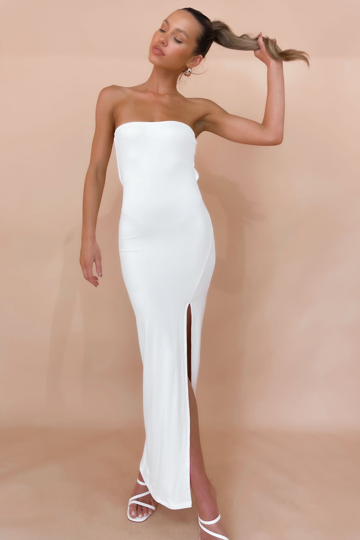 Dawsin Dress, BODYCON, COTTON, DRESS, DRESSES, MAXI DRESS, new arrivals, STRAPLESS, WHITE, , -MISHKAH