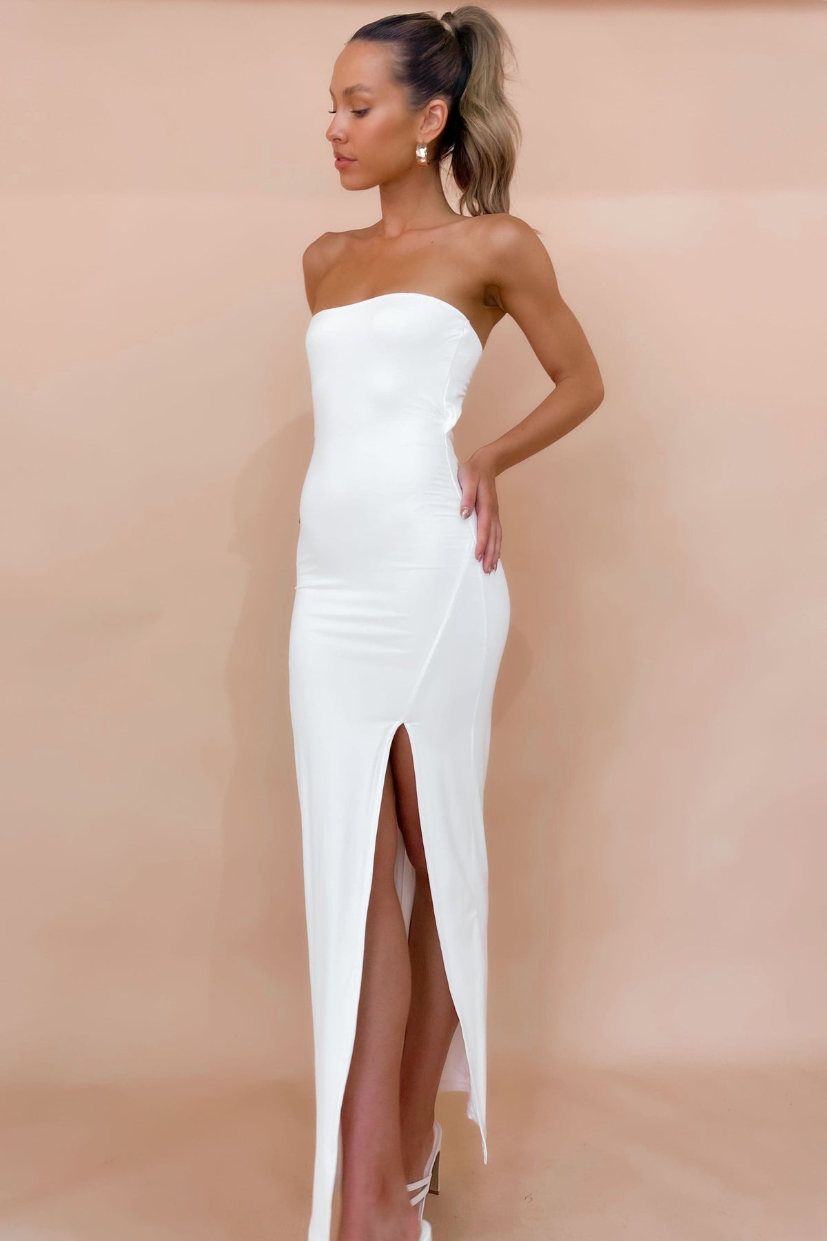 Dawsin Dress, BODYCON, COTTON, DRESS, DRESSES, MAXI DRESS, new arrivals, STRAPLESS, WHITE, , -MISHKAH