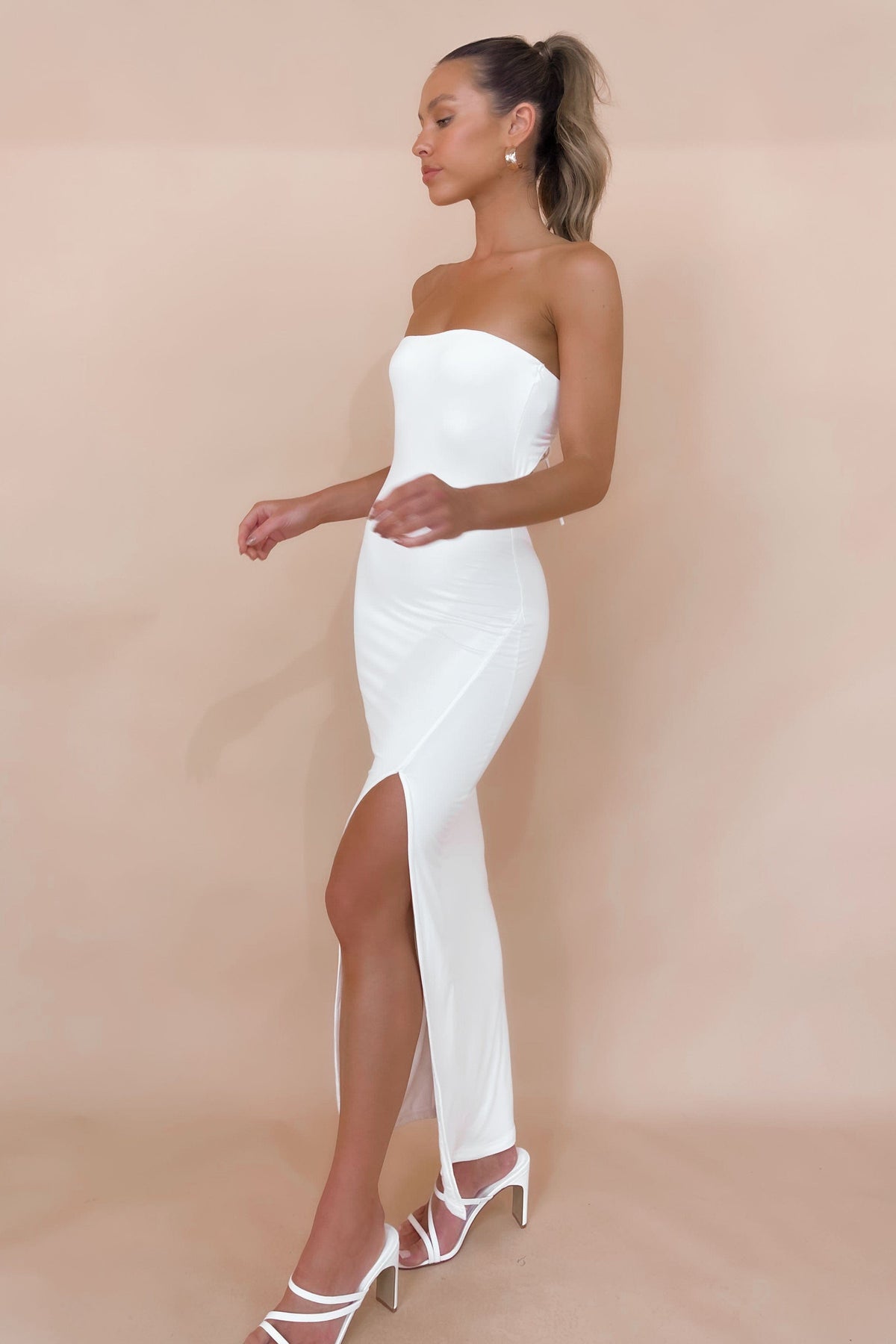 Dawsin Dress, BODYCON, COTTON, DRESS, DRESSES, MAXI DRESS, new arrivals, STRAPLESS, WHITE, , -MISHKAH