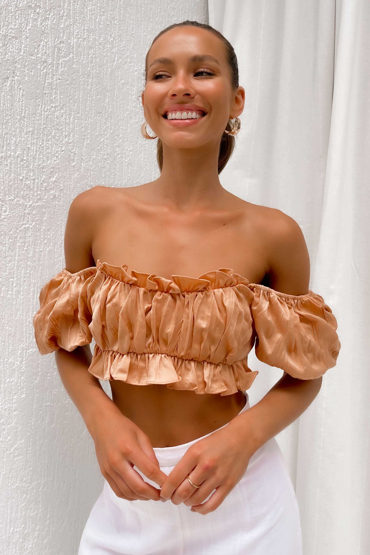 Deltia Top, BALLOON SLEEVE, CROP TOP, CROP TOPS, CROPPED, new arrivals, OFF SHOULDER, ORANGE, POLYESTER, TOP, TOPS, , -MISHKAH