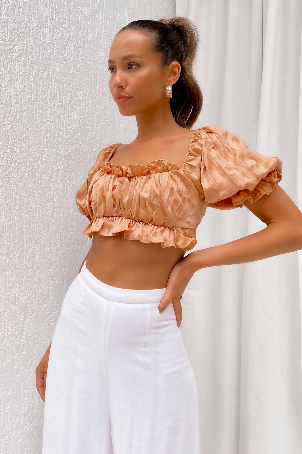 Deltia Top, BALLOON SLEEVE, CROP TOP, CROP TOPS, CROPPED, new arrivals, OFF SHOULDER, ORANGE, POLYESTER, TOP, TOPS, , -MISHKAH