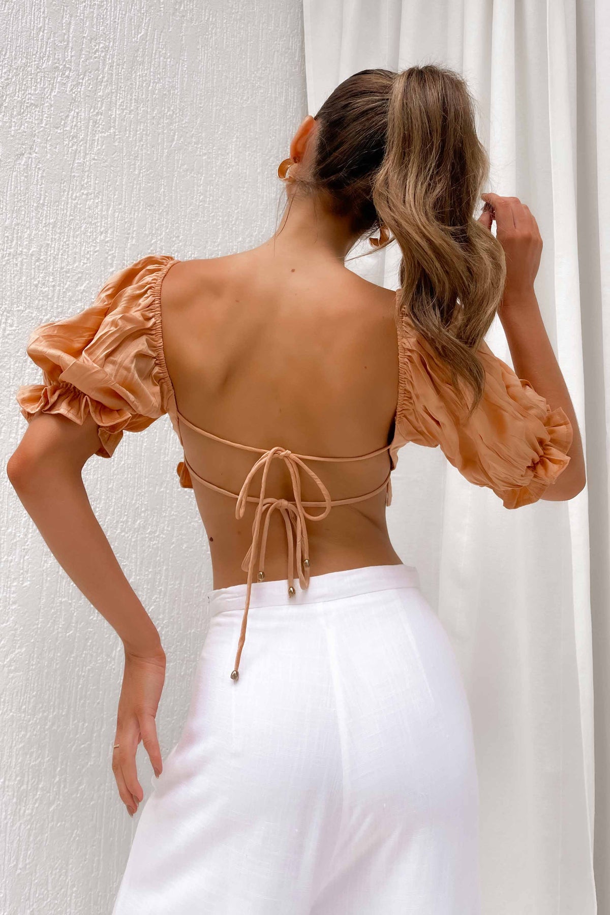 Deltia Top, BALLOON SLEEVE, CROP TOP, CROP TOPS, CROPPED, new arrivals, OFF SHOULDER, ORANGE, POLYESTER, TOP, TOPS, , -MISHKAH