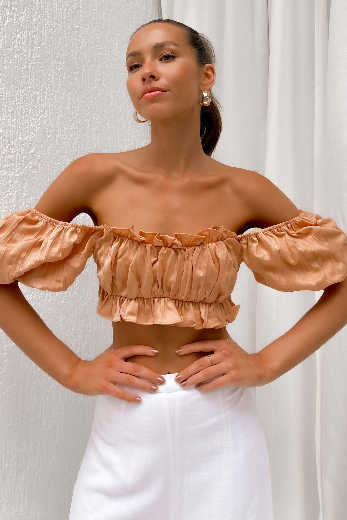 Deltia Top, BALLOON SLEEVE, CROP TOP, CROP TOPS, CROPPED, new arrivals, OFF SHOULDER, ORANGE, POLYESTER, TOP, TOPS, , -MISHKAH