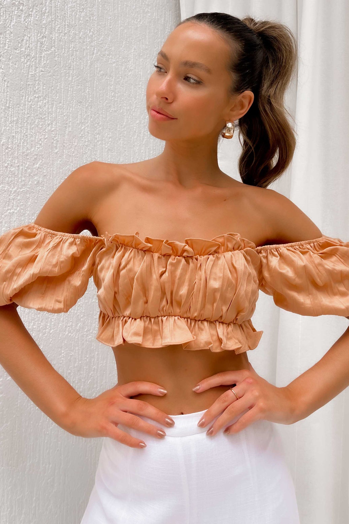 Deltia Top, BALLOON SLEEVE, CROP TOP, CROP TOPS, CROPPED, new arrivals, OFF SHOULDER, ORANGE, POLYESTER, TOP, TOPS, , -MISHKAH