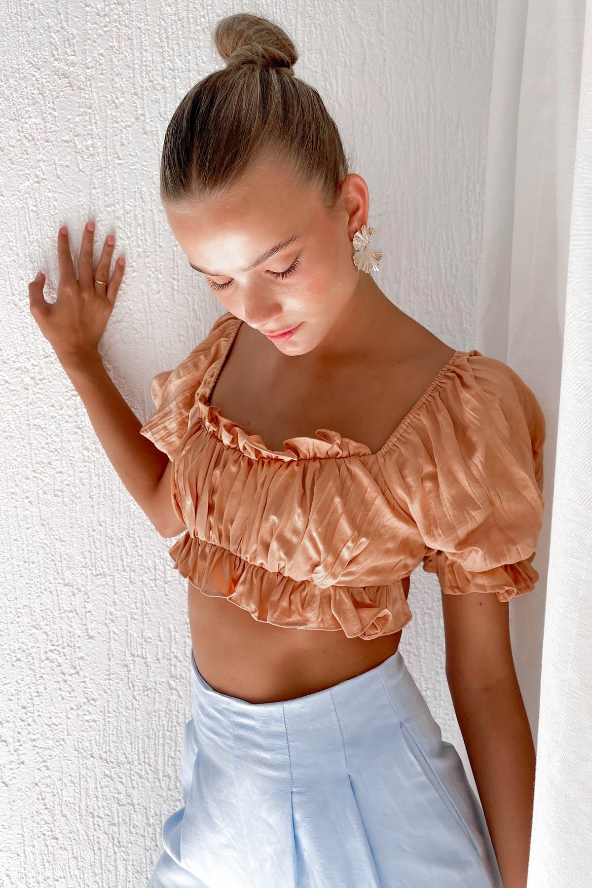 Deltia Top, BALLOON SLEEVE, CROP TOP, CROP TOPS, CROPPED, new arrivals, OFF SHOULDER, ORANGE, POLYESTER, TOP, TOPS, , -MISHKAH