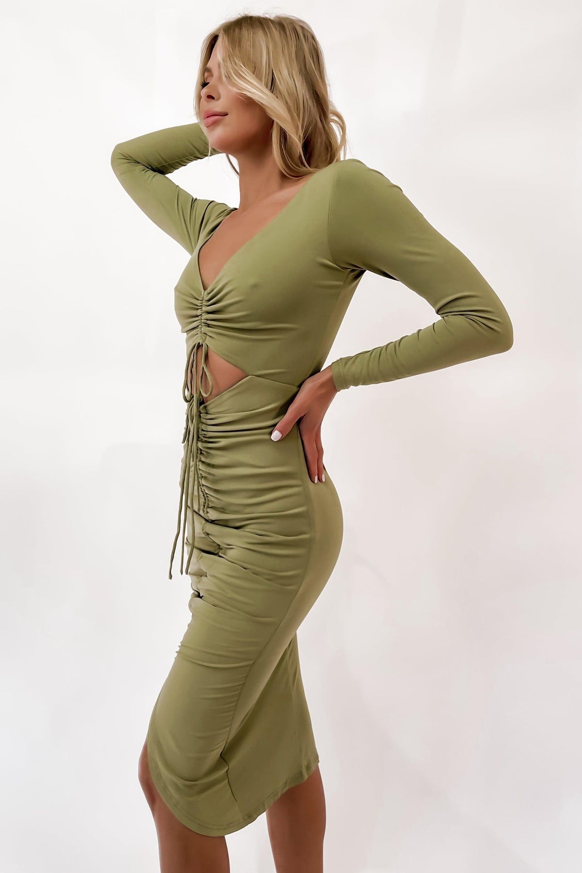 Desima Dress, BODYCON, CUT OUT, DRESS, DRESSES, GATHERED, GREEN, LONG SLEEVE, MIDI DRESS, POLYESTER, SPANDEX, , -MISHKAH