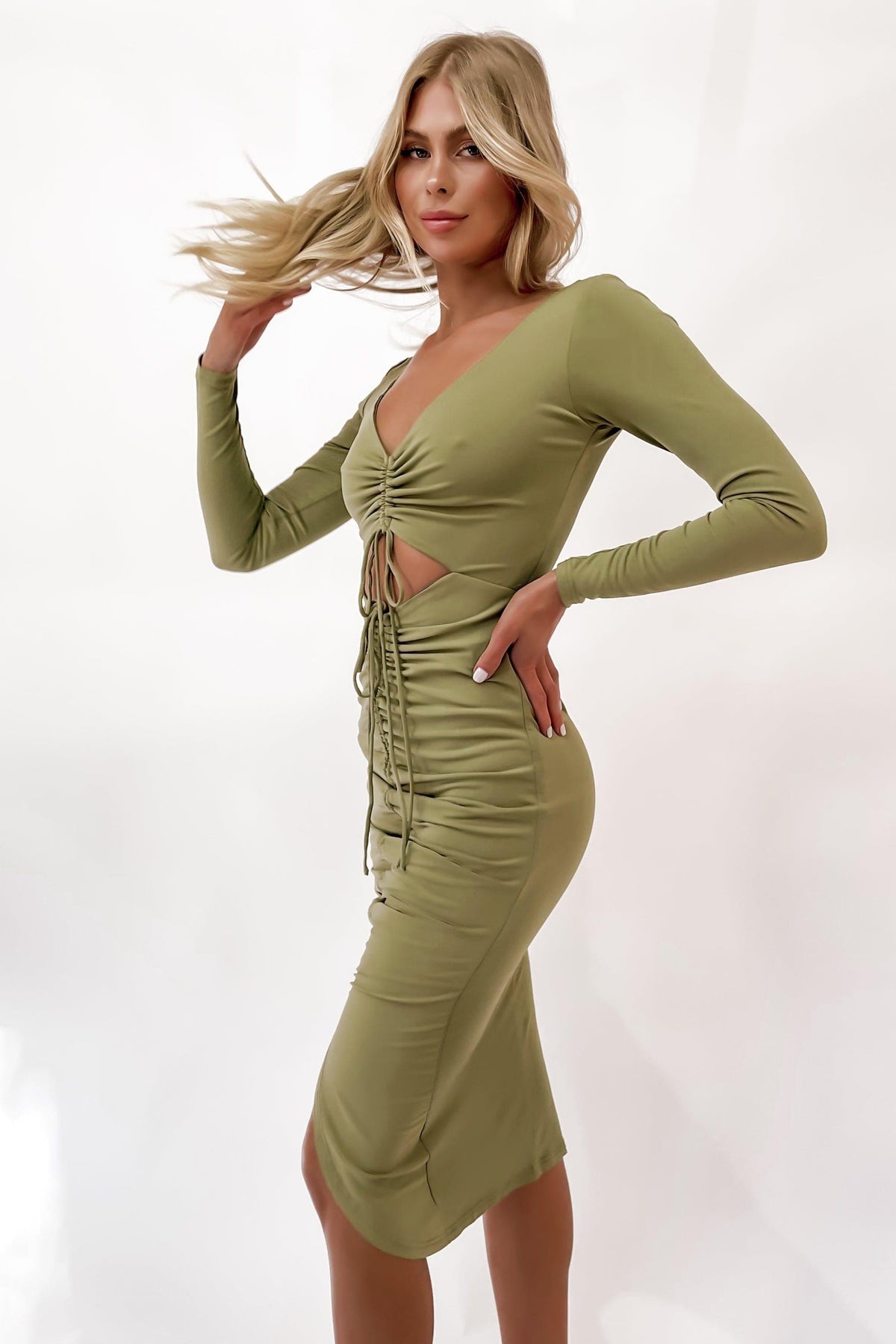 Desima Dress, BODYCON, CUT OUT, DRESS, DRESSES, GATHERED, GREEN, LONG SLEEVE, MIDI DRESS, POLYESTER, SPANDEX, , -MISHKAH
