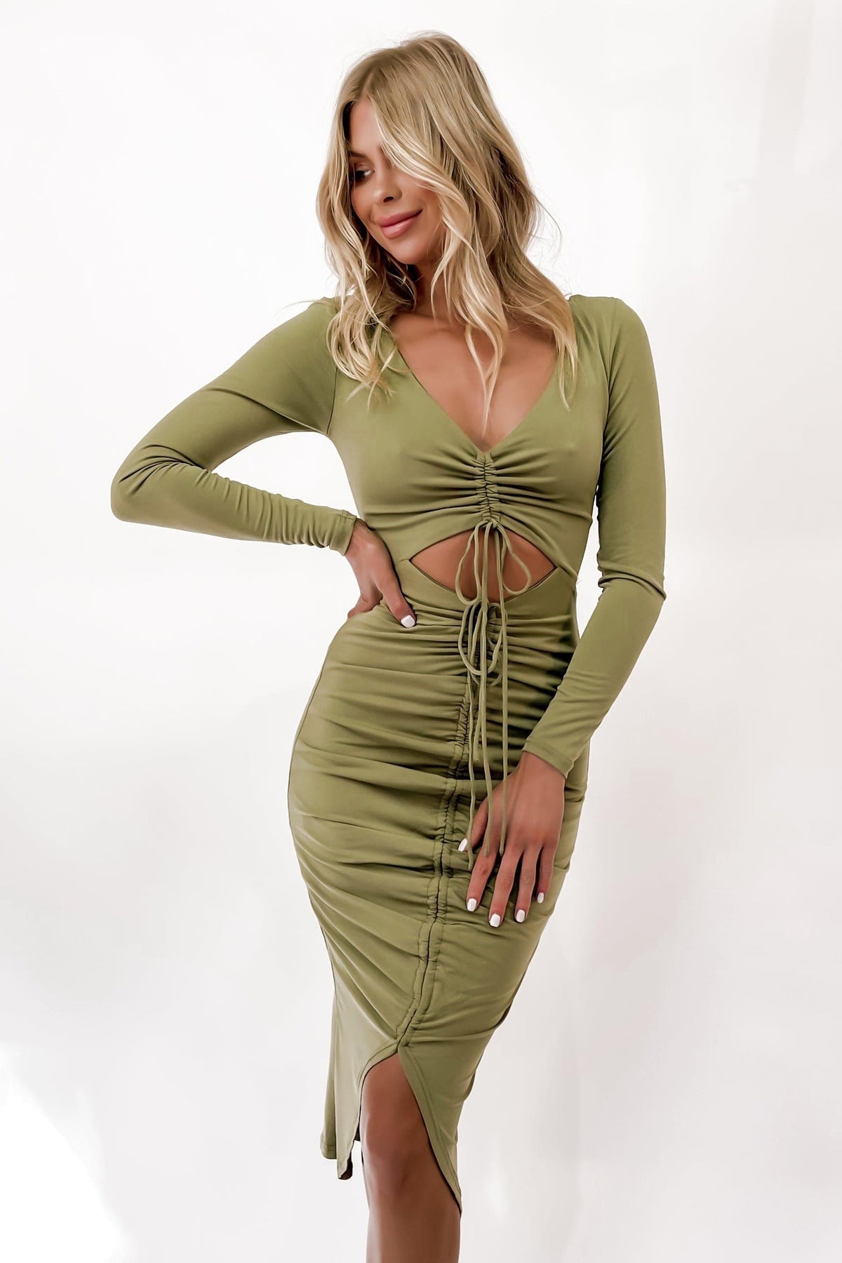 Desima Dress, BODYCON, CUT OUT, DRESS, DRESSES, GATHERED, GREEN, LONG SLEEVE, MIDI DRESS, POLYESTER, SPANDEX, , -MISHKAH